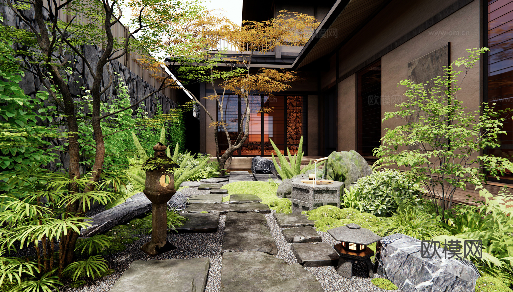 日式禅意庭院花园 汀步 青石板 水钵水景 植物组合 苔藓景观su模型