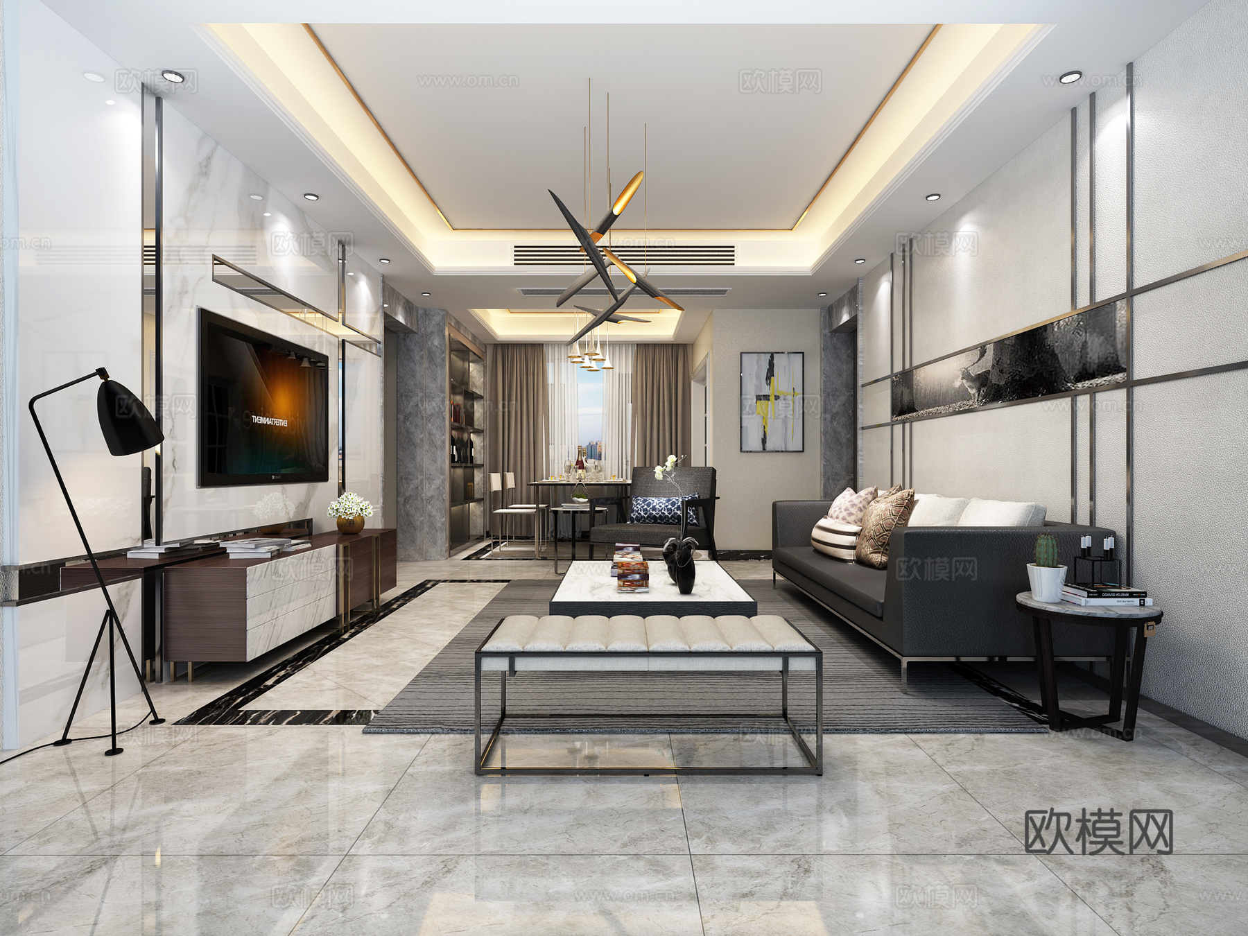 现代客厅 背景墙 沙发茶几 吊灯 桌面摆件 挂画3d模型