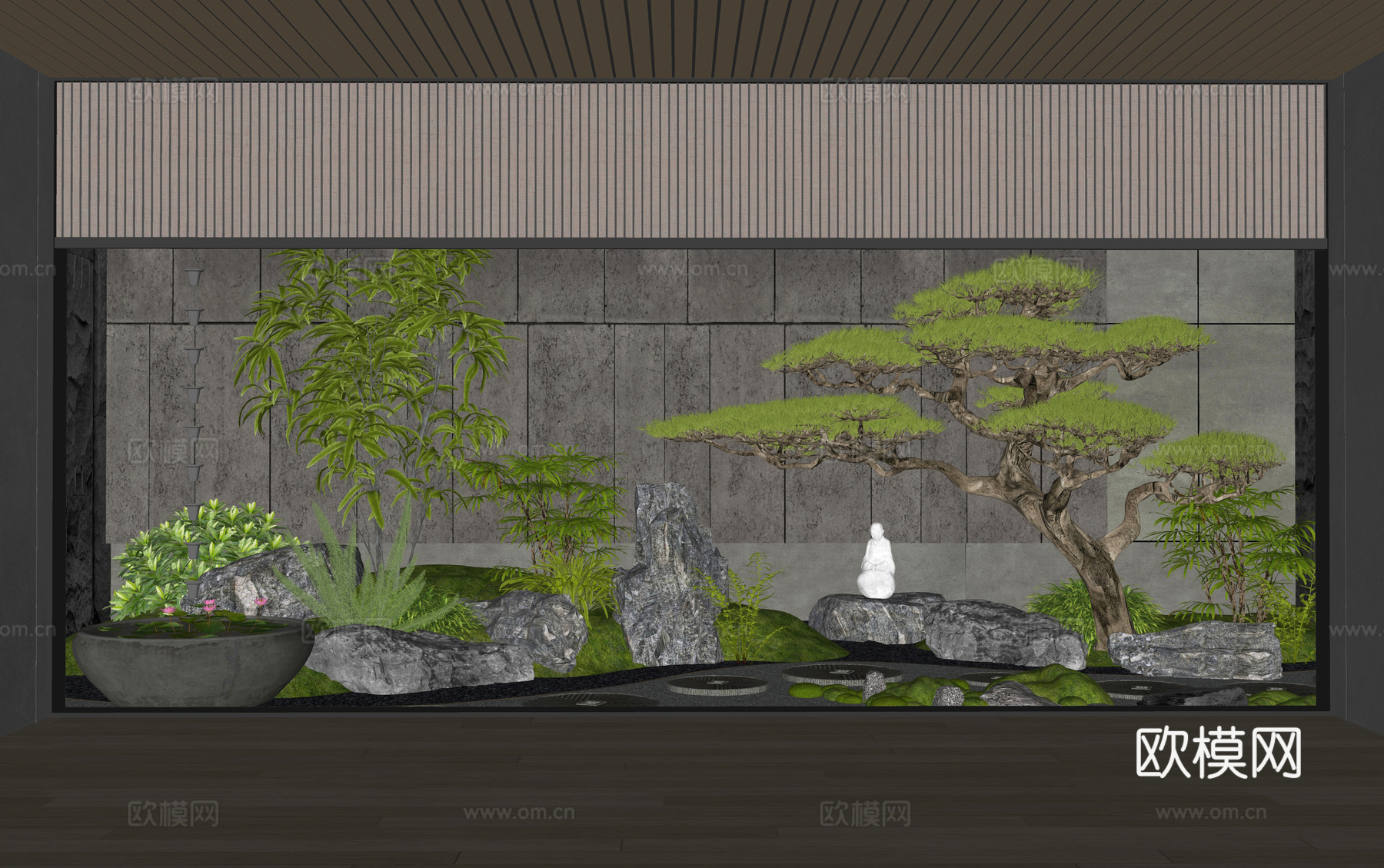 新中式天井庭院小品 室内景观造景 汀步 石头 苔藓 植物造景su模型
