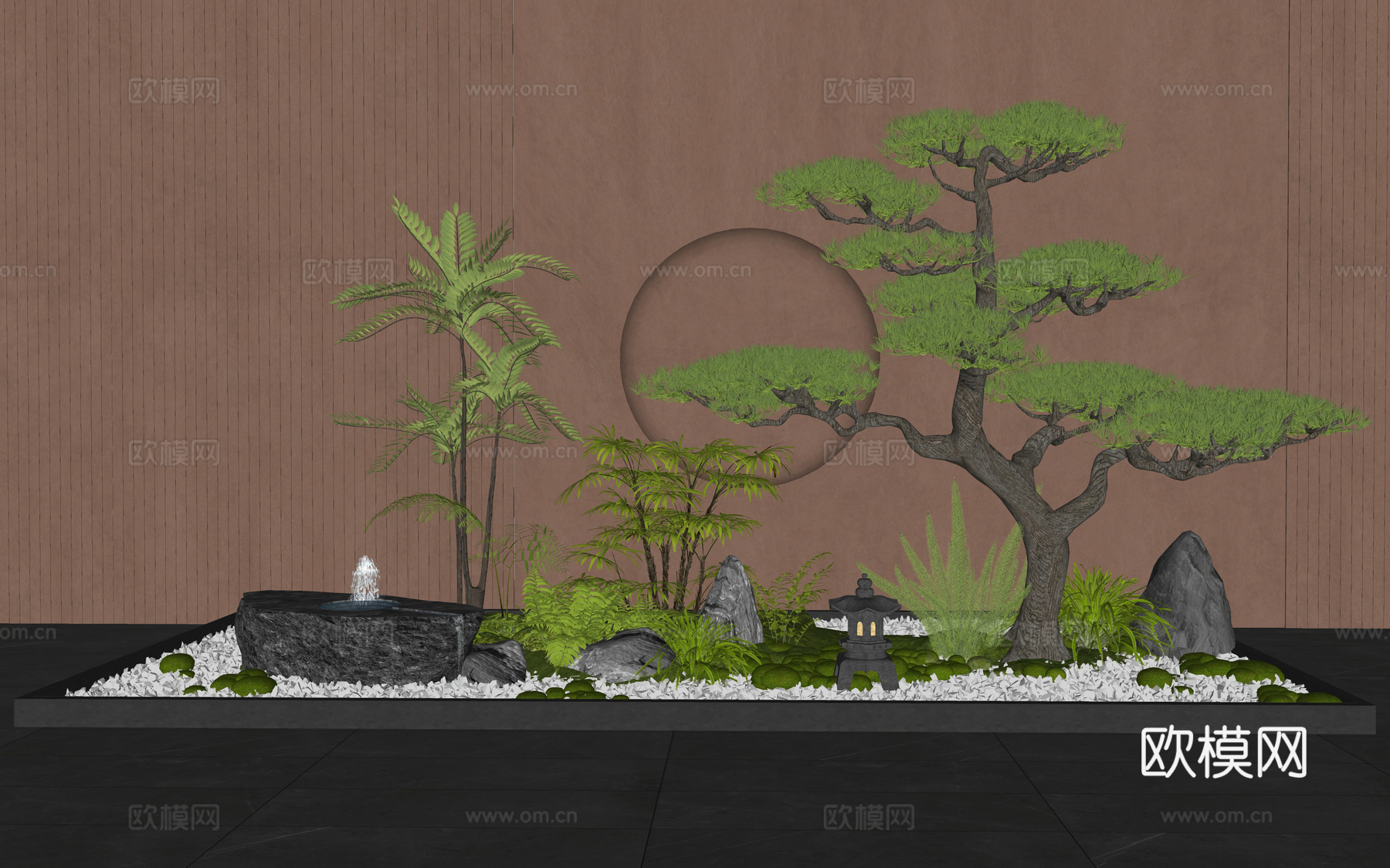 新中式庭院小品 室内景观 植物造景 植物组合 水钵 花草su模型