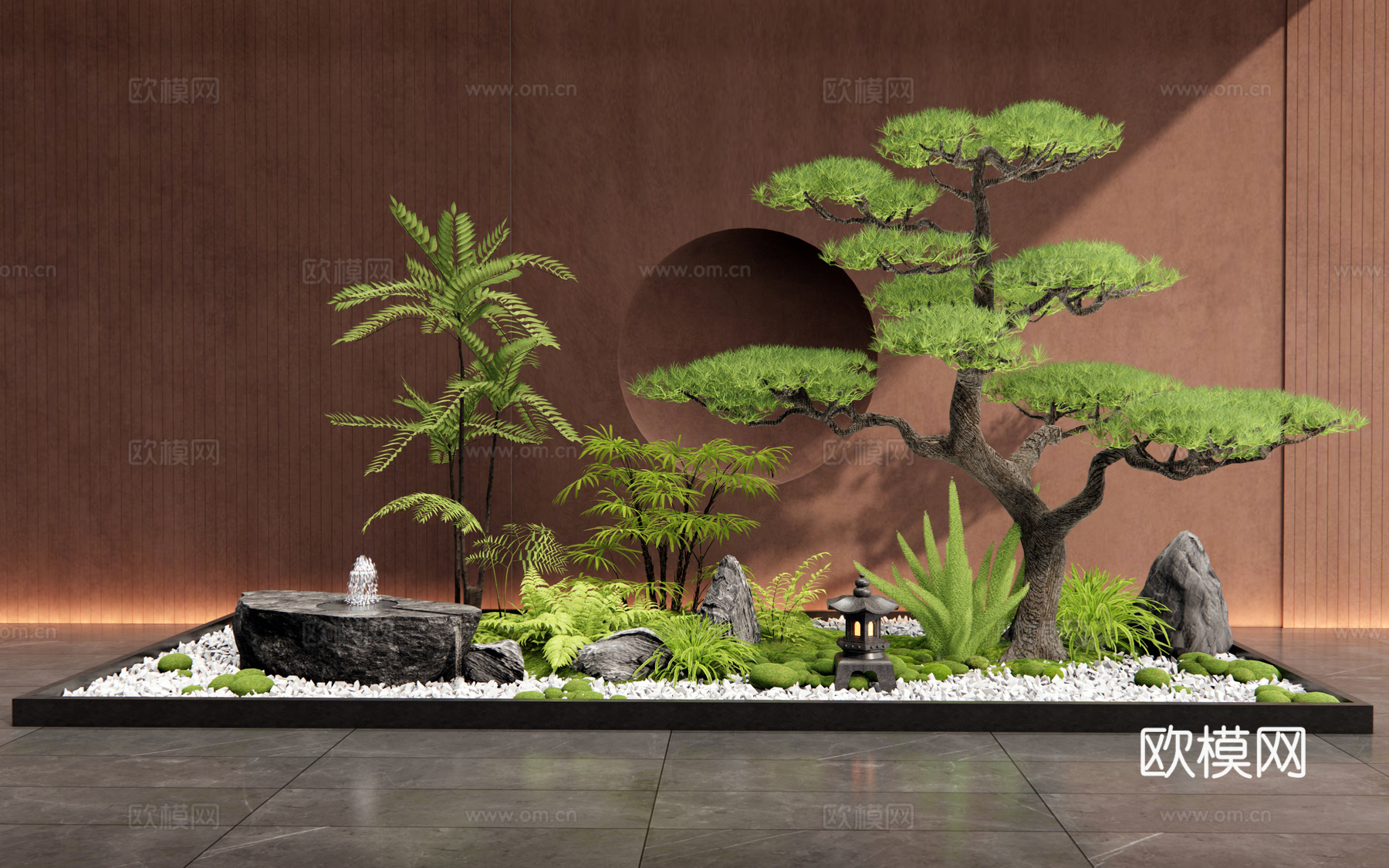 新中式庭院小品 室内景观 植物造景 植物组合 水钵 花草su模型