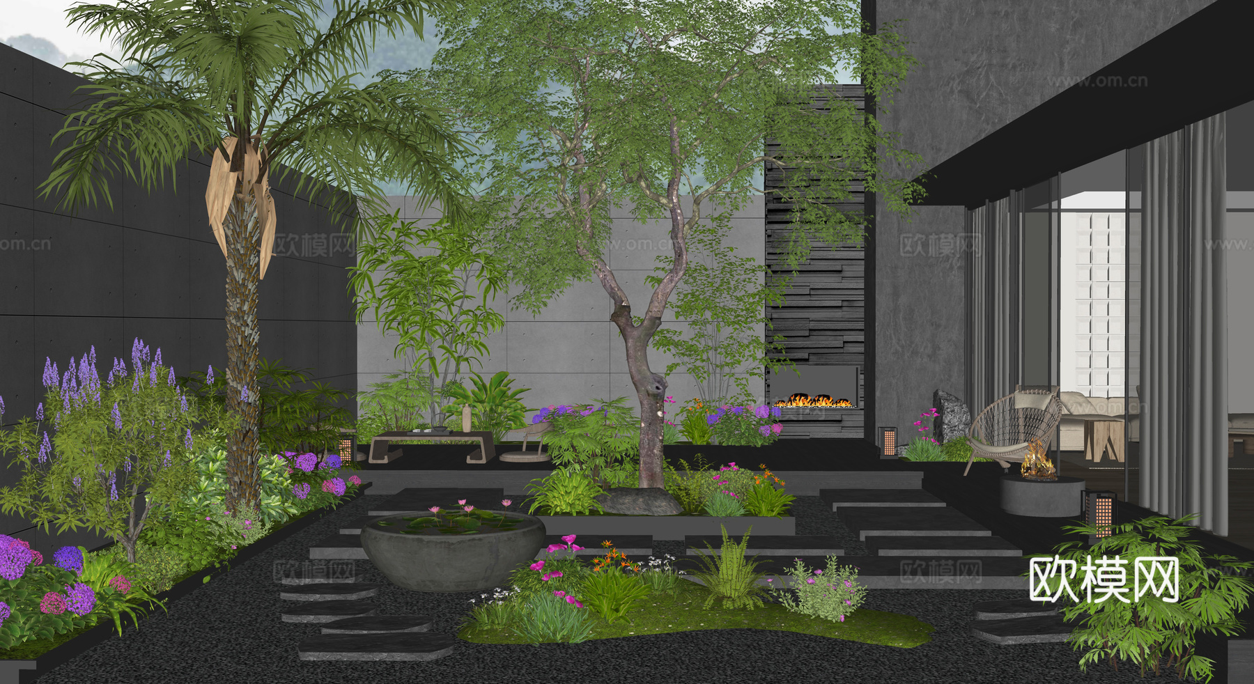 现代别墅庭院花园 植物造景 花草 景观树 植物景观 汀步su模型