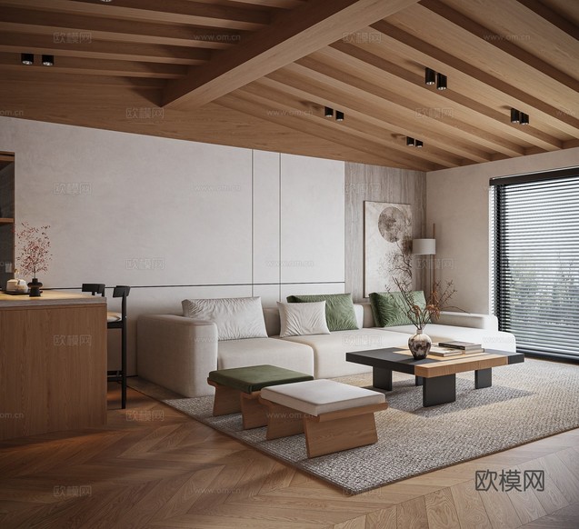 侘寂風(fēng) 禪意 木紋民宿 客廳 廚房 沙發(fā)茶幾組合 島臺 電視3d模型下載(渲染圖8)
