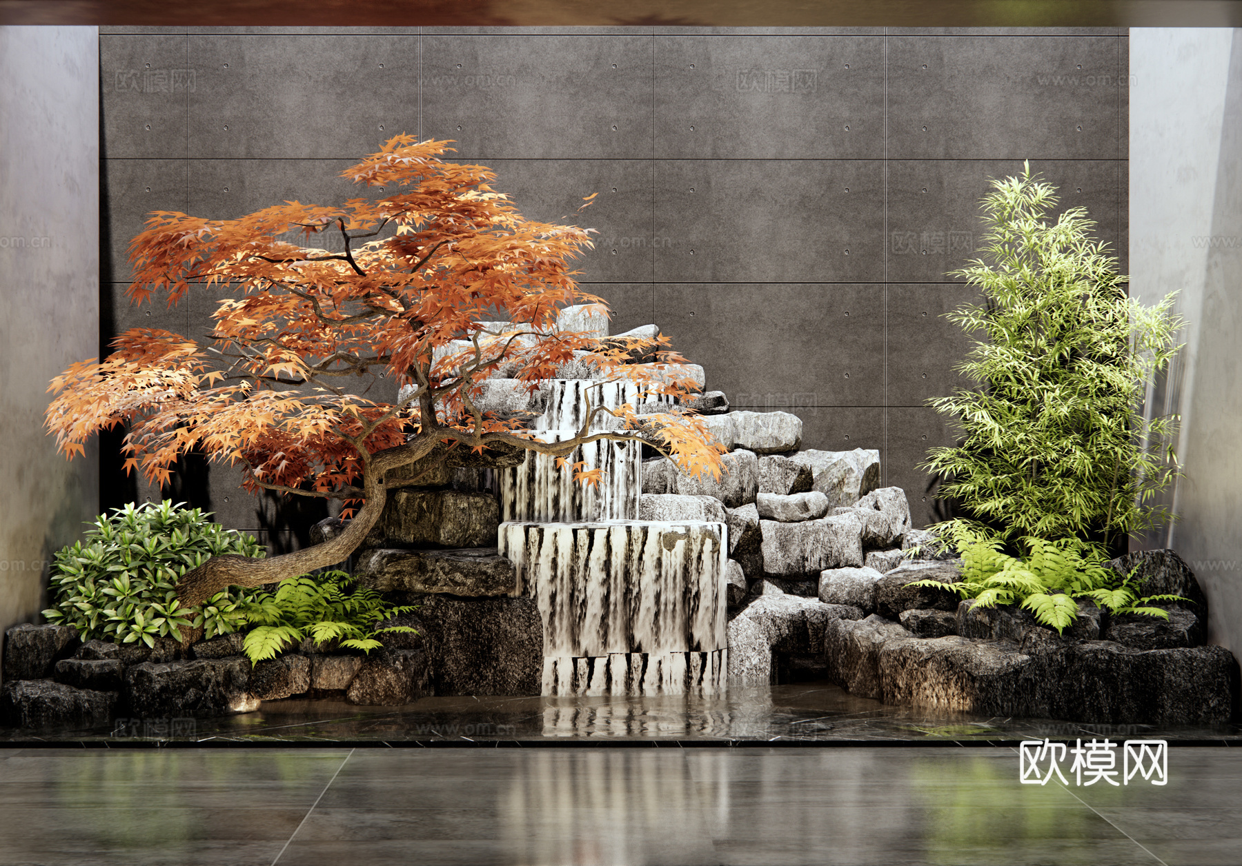 新中式假山水景 室内景观小品 石头 天井景观 庭院小品 红枫3d模型