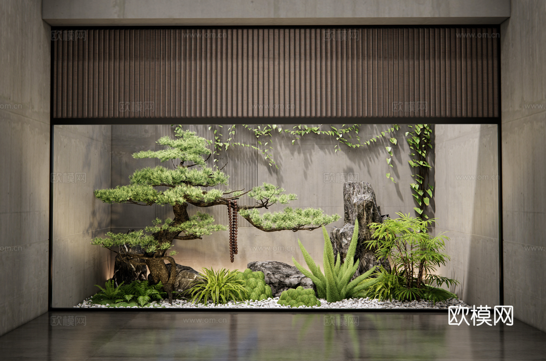 新中式庭院景观小品 室内景观 天井景观 松树 植物组合3d模型