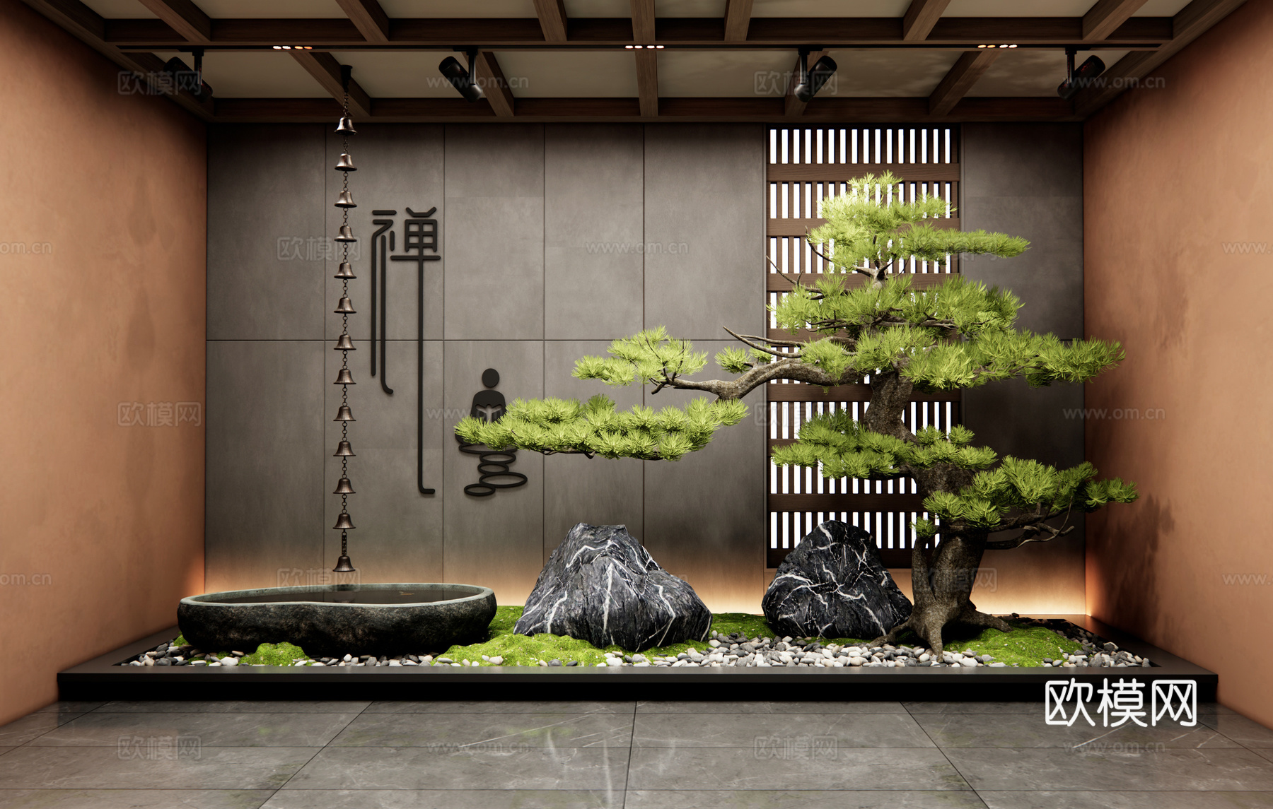 新中式室内景观 庭院景观小品 景观石头 水钵 雨链 松树造景3d模型