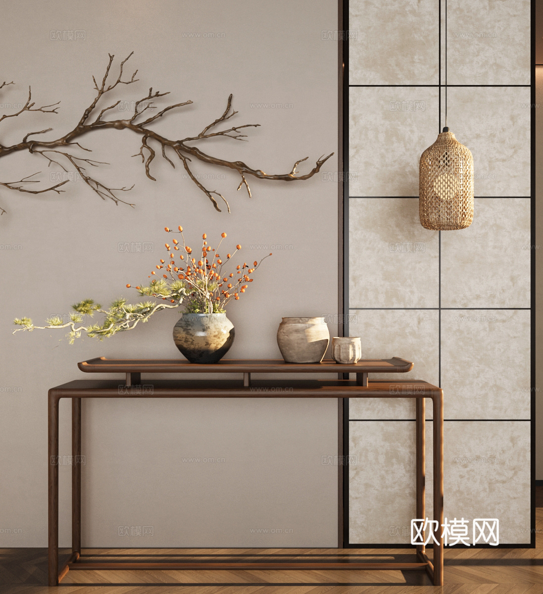 新中式条案 端景台 摆件组合 花艺摆件su模型