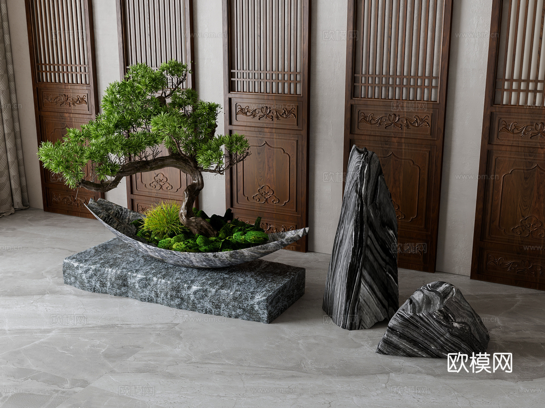 新中式假山绿植摆件3d模型