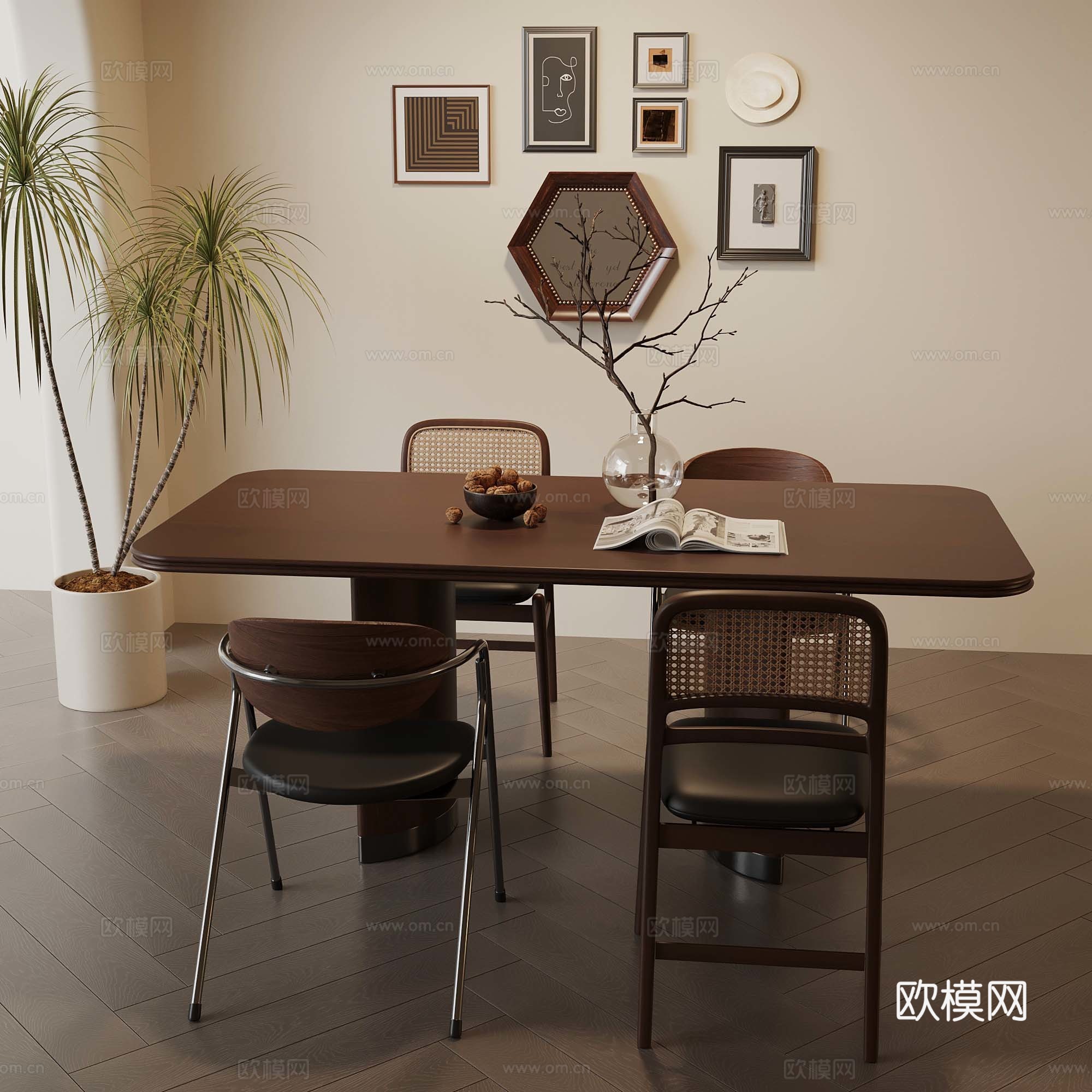 中古风餐桌椅su模型