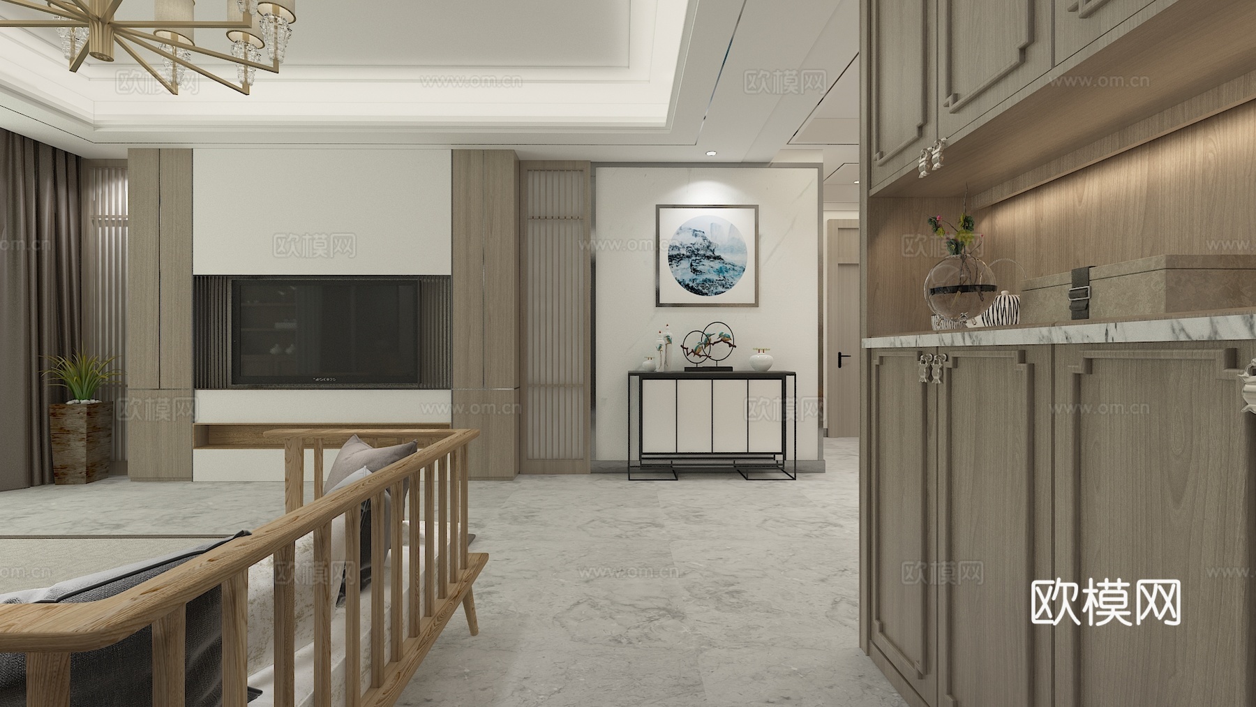 新中式客厅 餐厅 厨房 沙发茶几 吊灯 餐桌椅3d模型