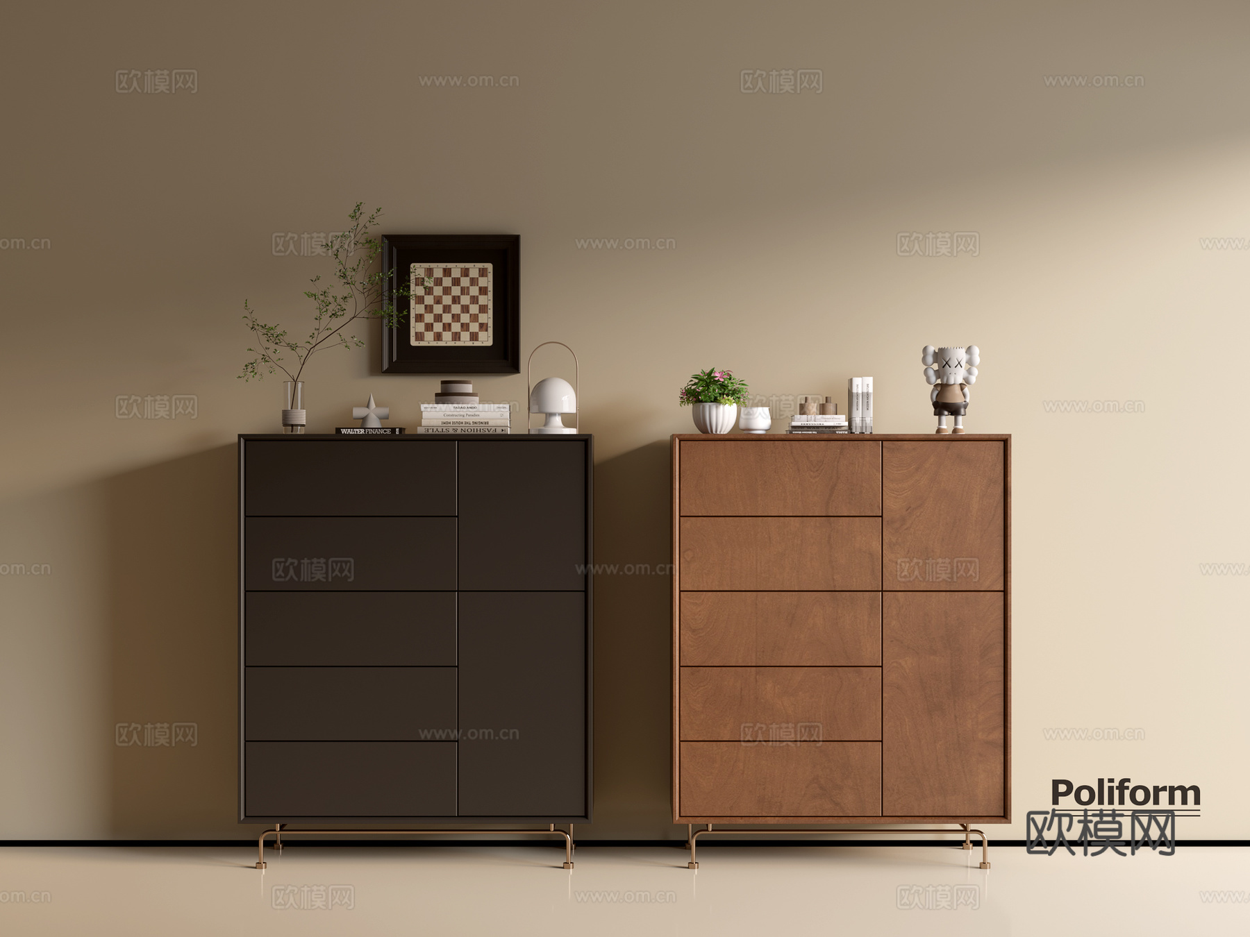 现代木纹柜 ins风极简风柜子  整体柜 餐边柜 阳台柜 储su模型下载（渲染图1）