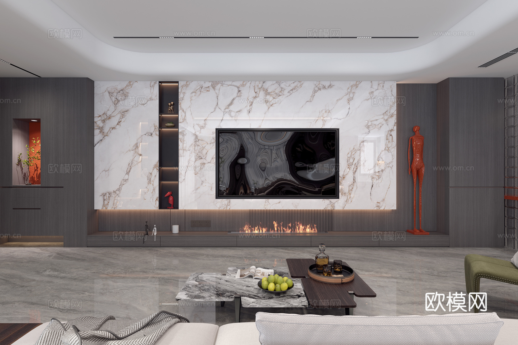 现代意式别墅客厅影视墙3d模型