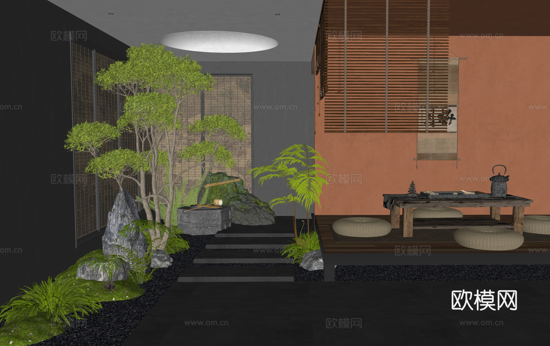 新中式茶室 室内景观 庭院小品 植物景观 植物组合 水钵su模型