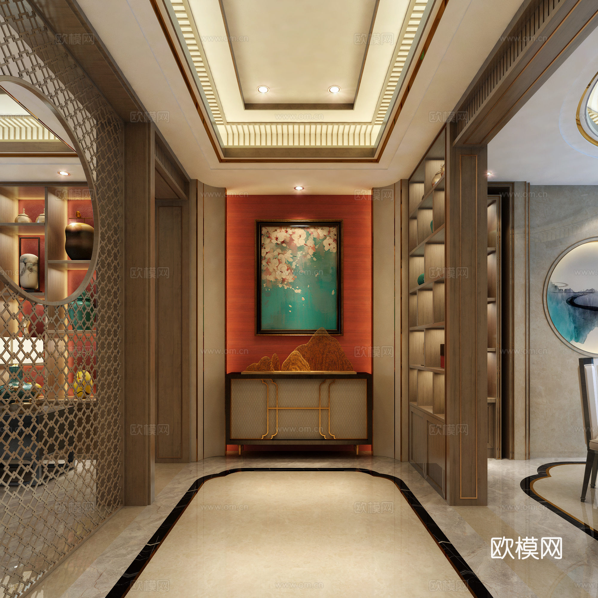 新中式客餐厅 新中式 别墅 餐厅 客厅3d模型