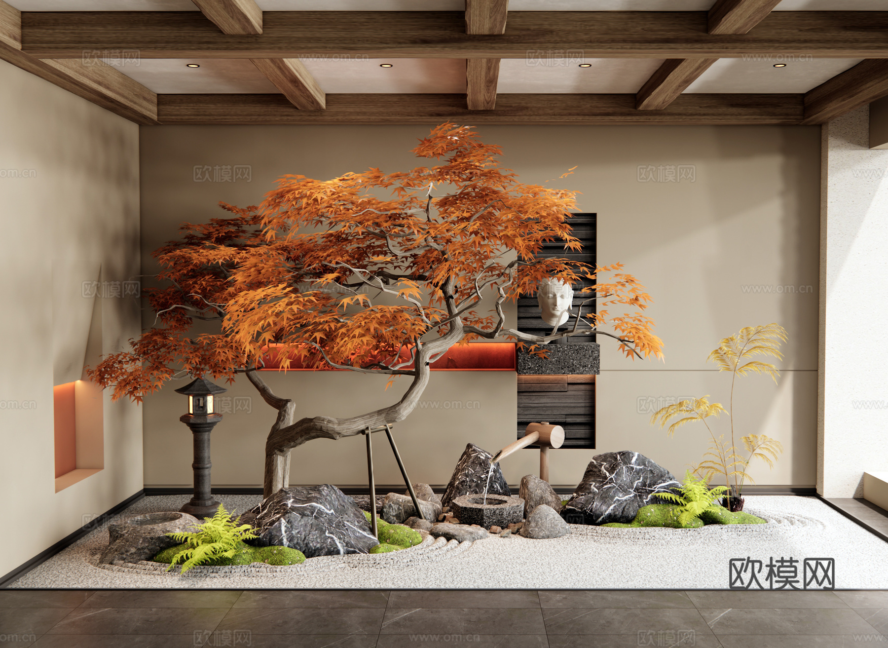 新中式室内景观造景 庭院景观小品 枯山水 红枫景观树 石头3d模型