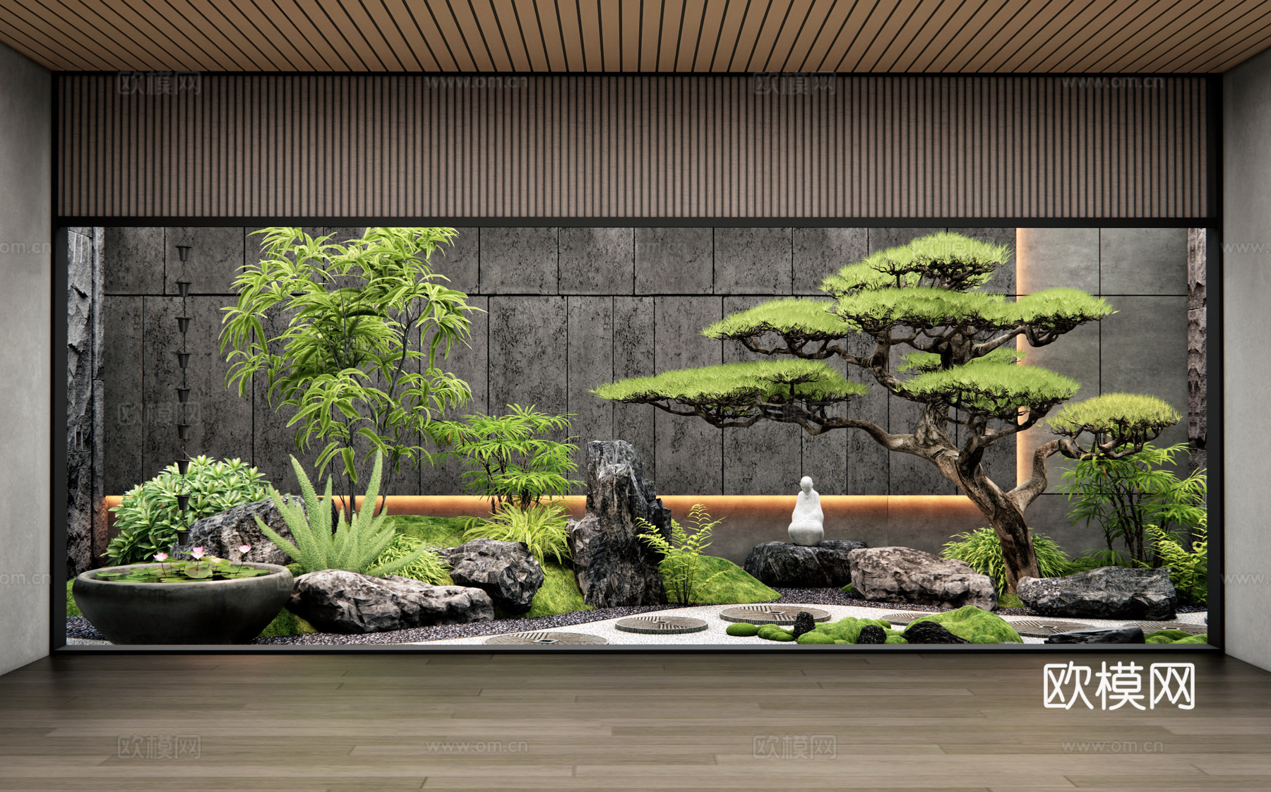 新中式天井庭院小品 室内景观造景 汀步 石头 苔藓 植物造景3d模型
