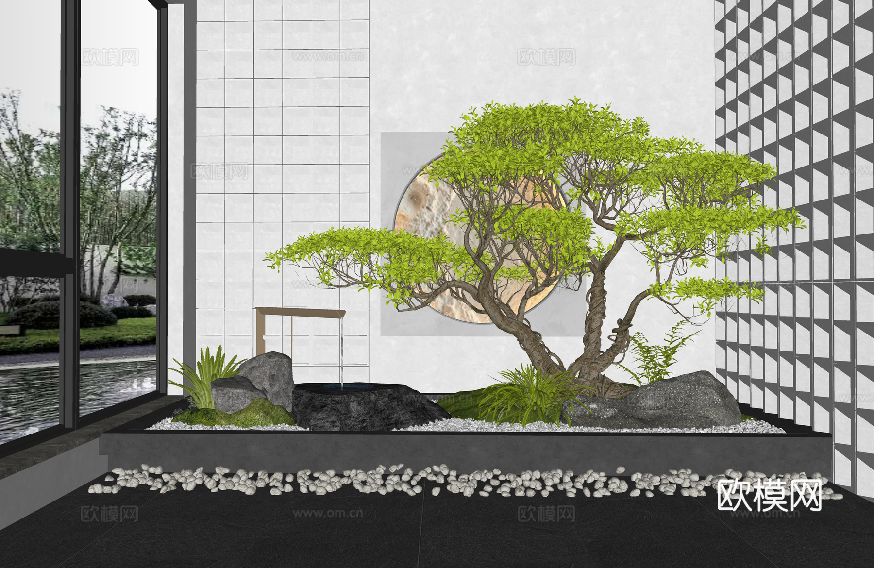 新中式庭院小品 室内景观造景 水钵水景 石头 植物景观su模型
