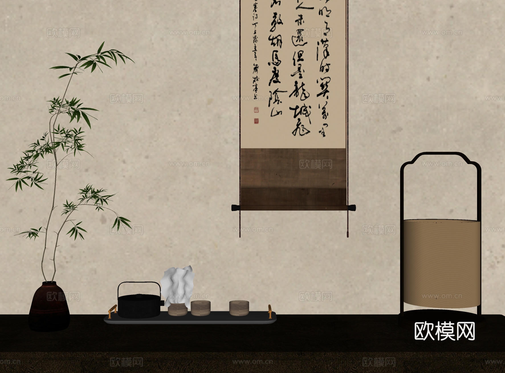 新中式SU台灯挂画绿植茶具摆件组合su模型
