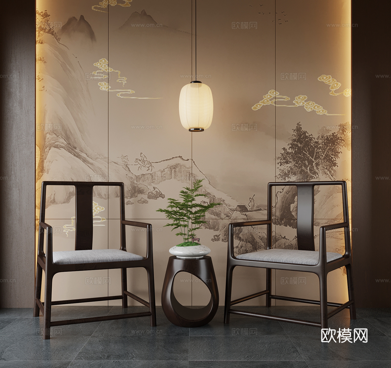 新中式椅子 圈椅 吊灯3d模型