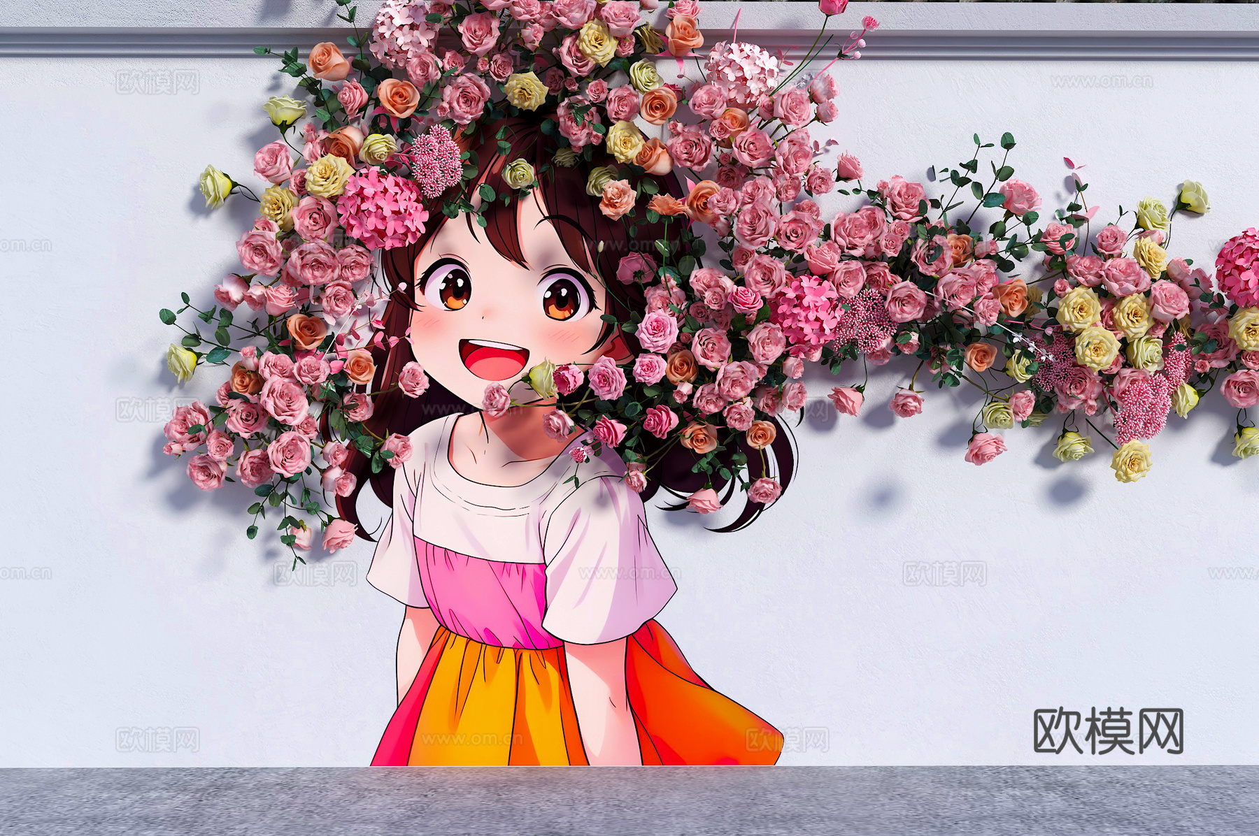 花多墙 卡通围墙 花朵女孩头发 现代美陈墙面 墙绘花朵围墙3d模型