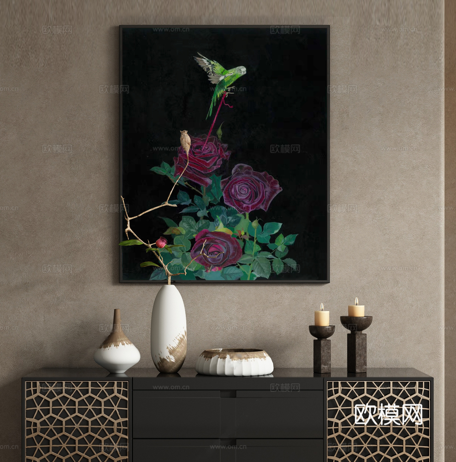 中古风玄关门厅画 复古法式装饰挂画 中古端景柜摆件组 新中式3d模型