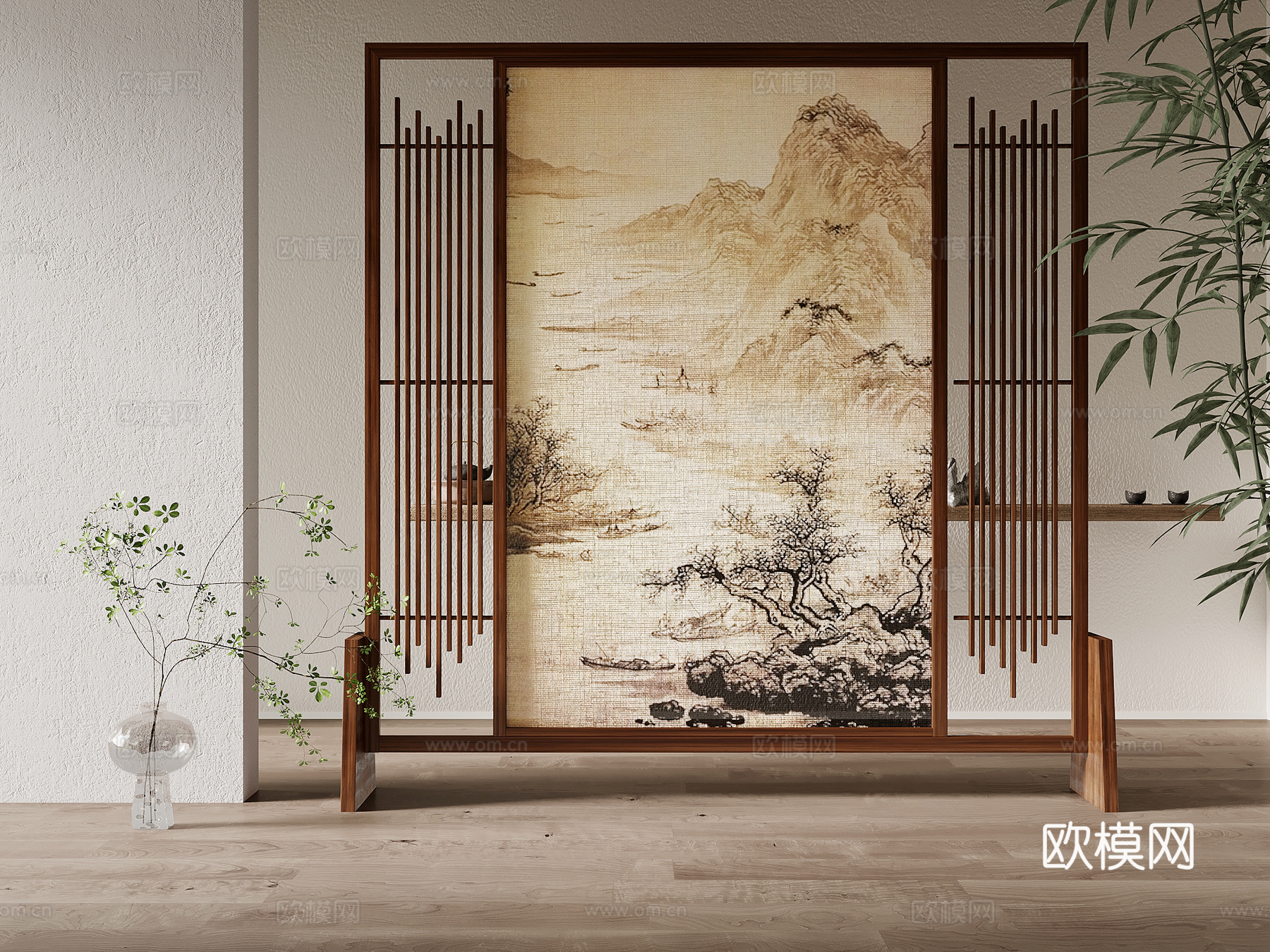 屏风隔断 新中式屏风隔断su模型