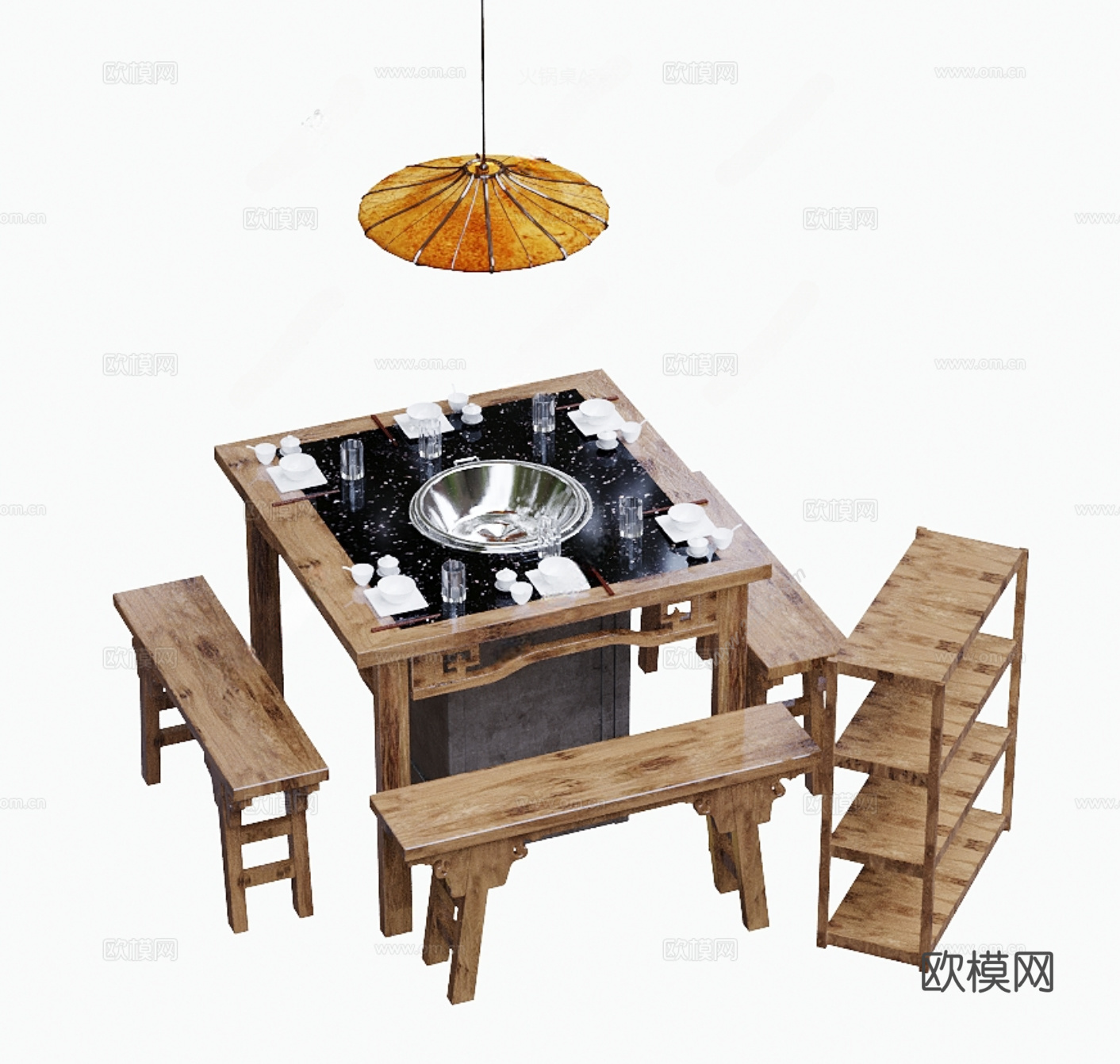新中式餐桌椅 火锅餐桌椅su模型