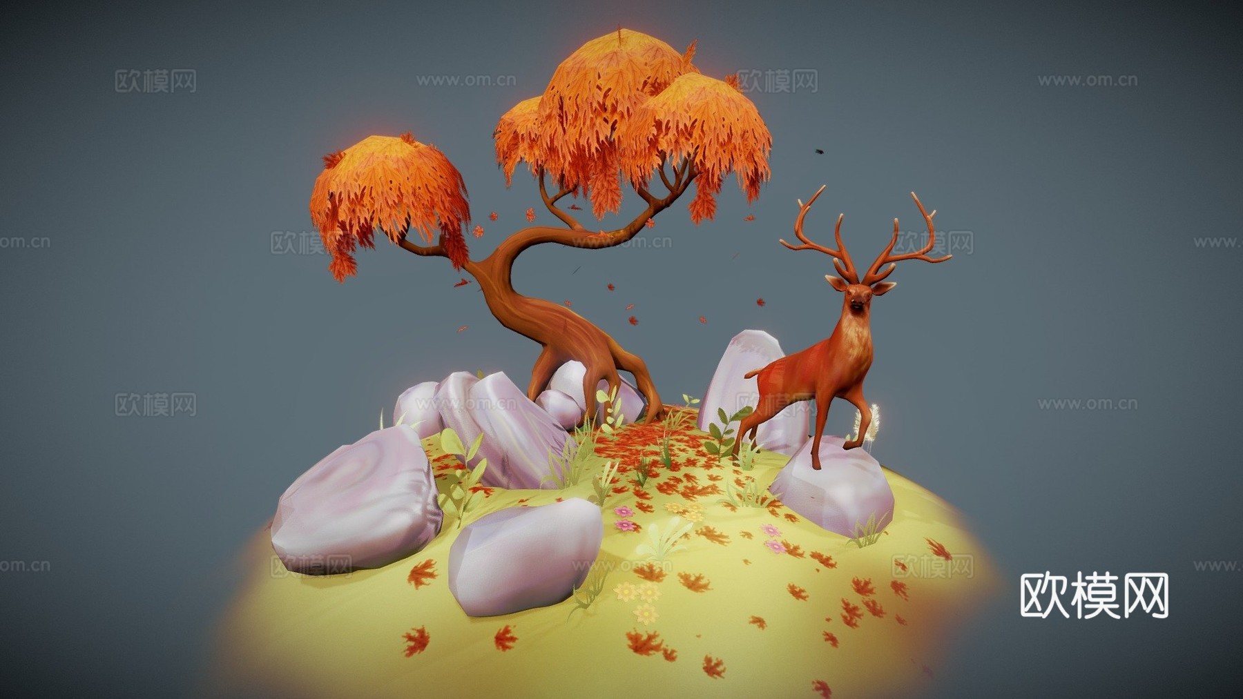 秋季场景与雄鹿3d模型