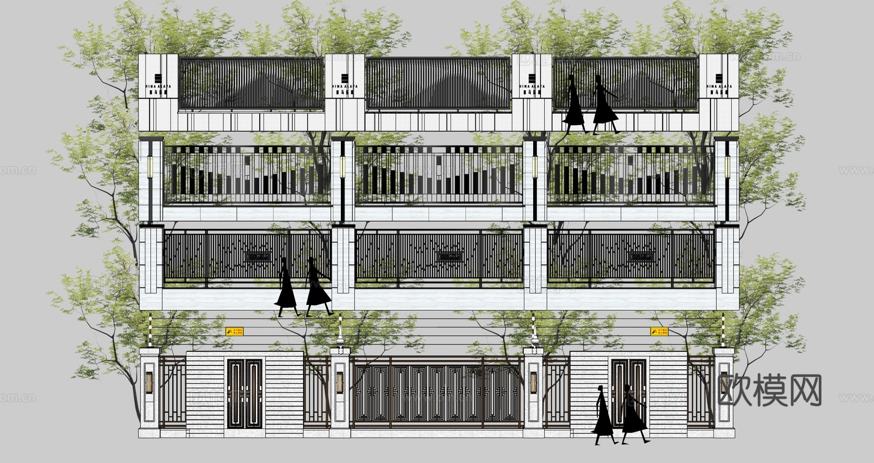 住宅小区铁艺围墙小品栏杆围栏石材格栅墙su模型