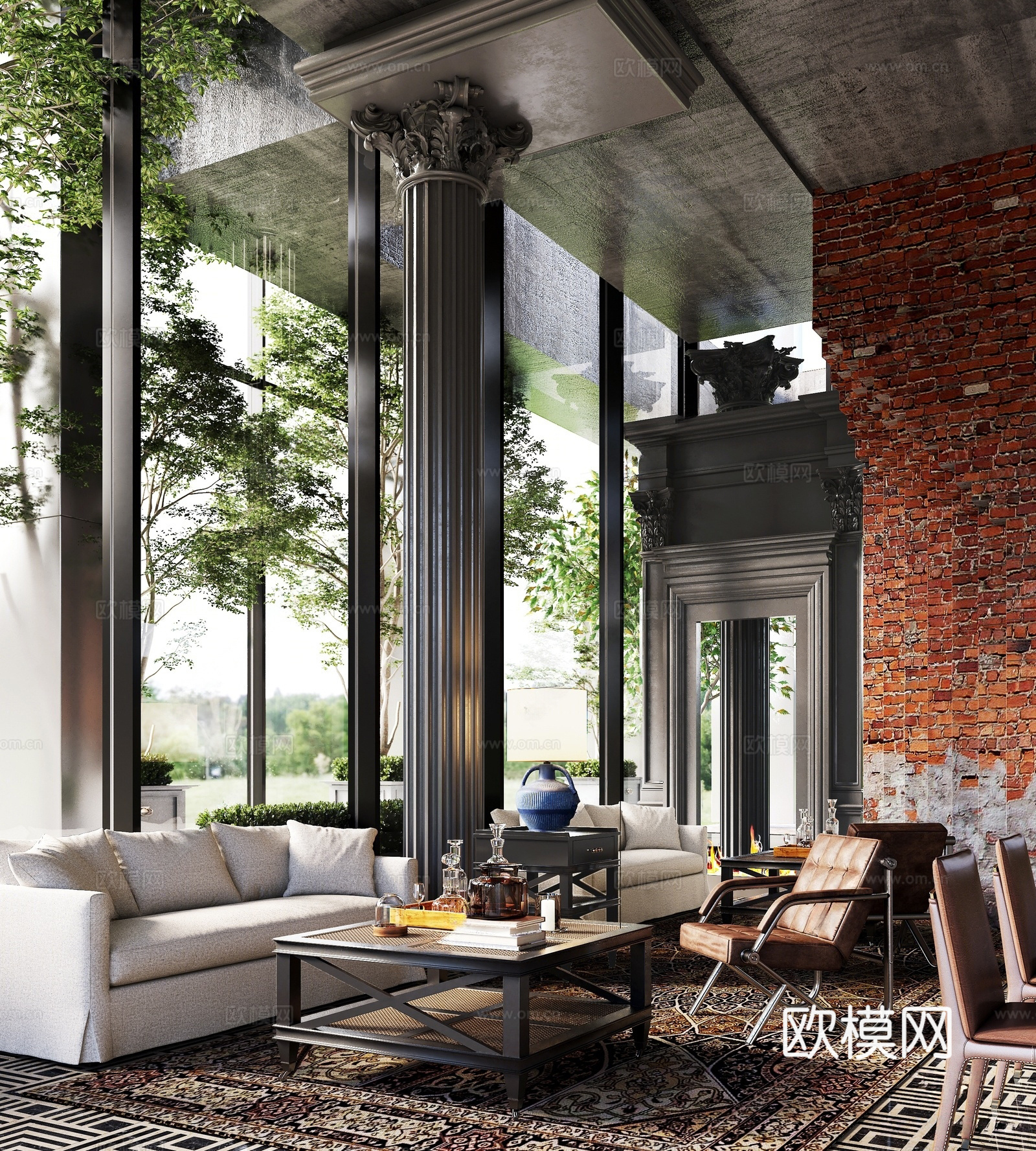 工业风别墅客厅 跃层 沙发茶几组合 罗马柱 红砖墙 loft3d模型
