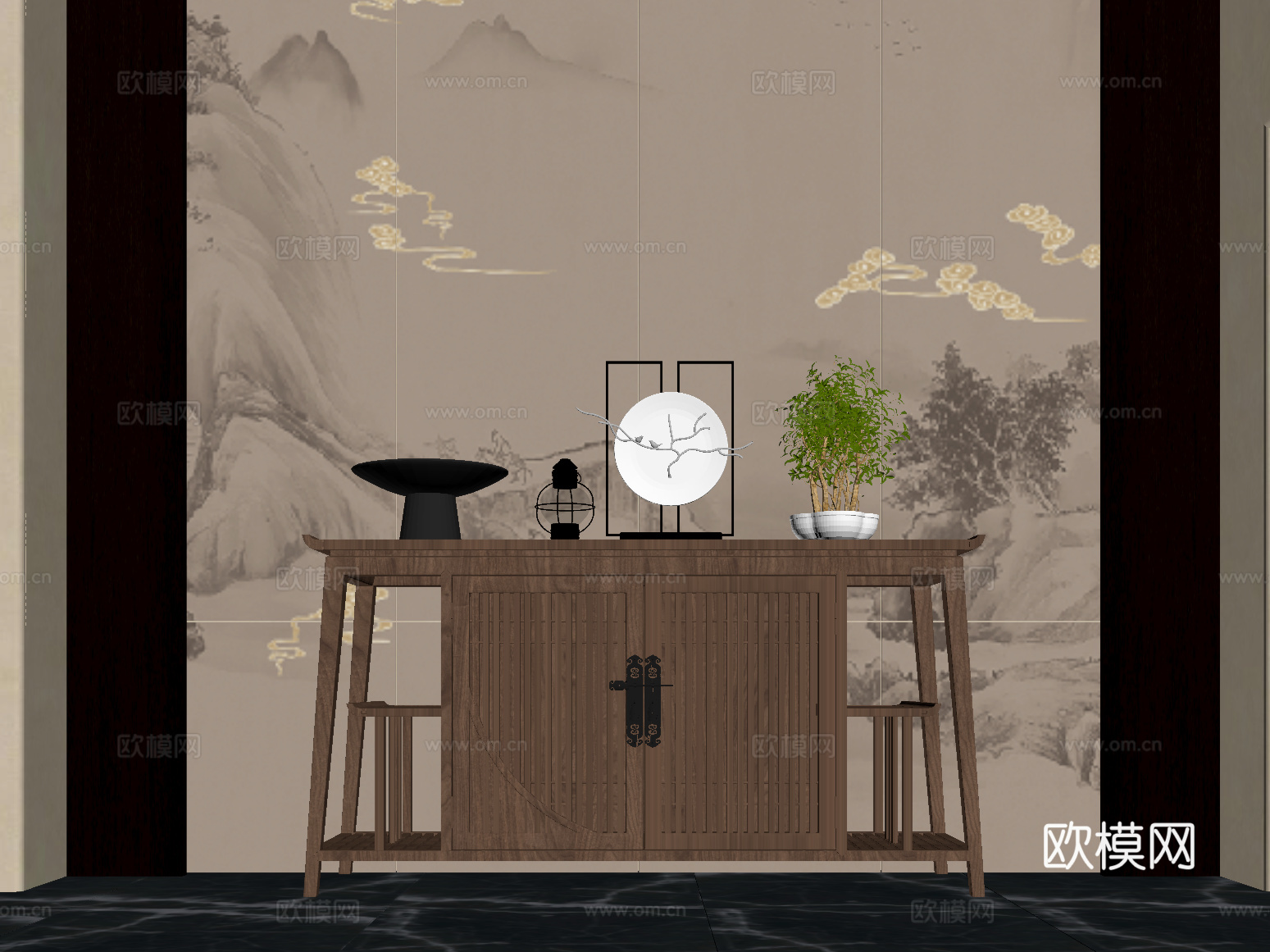玄关 新中式玄关 端景柜 玄关柜 摆件su模型