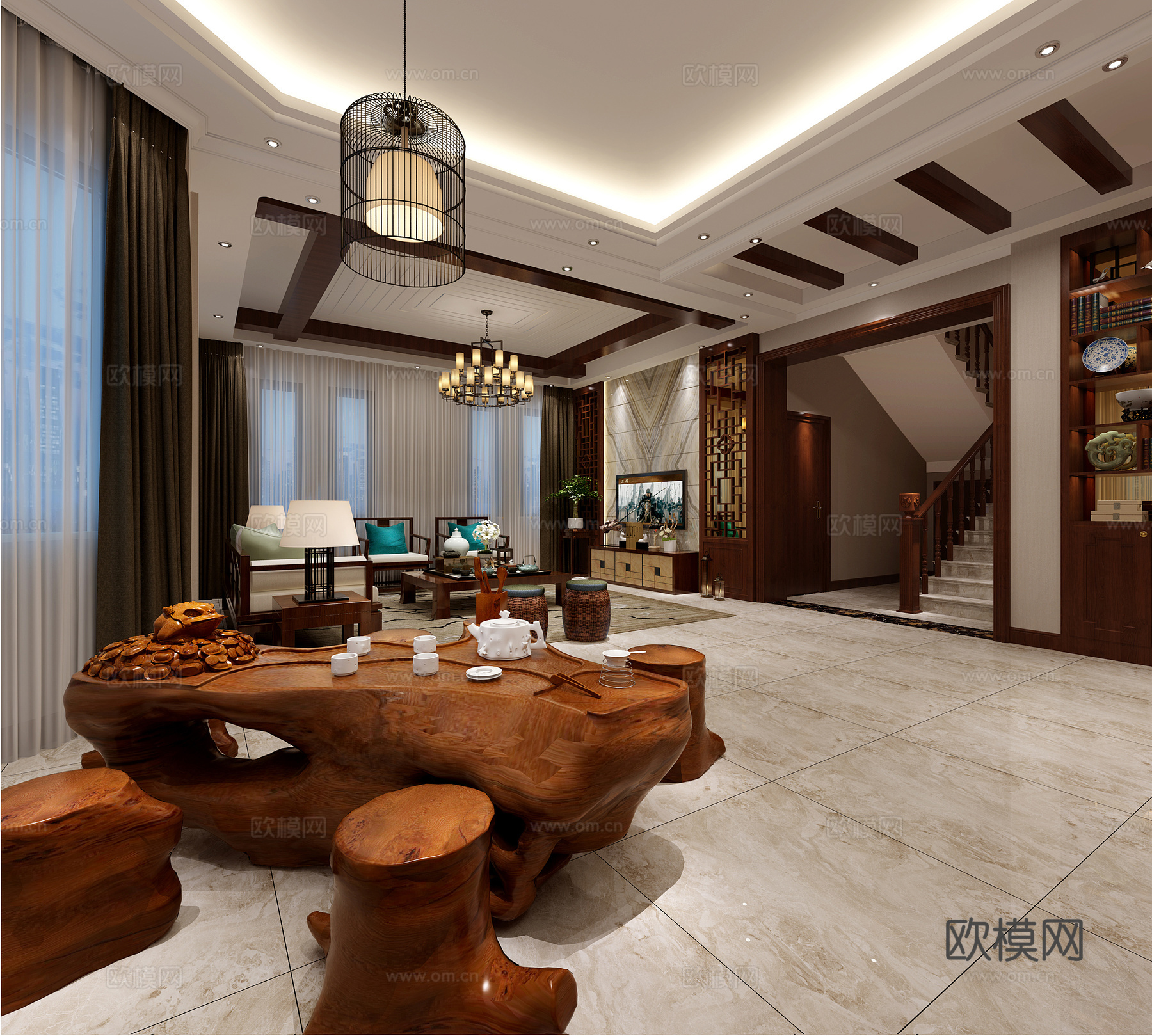 中式客餐厅 餐桌椅 沙发茶几 吊灯 桌面摆件 挂画3d模型
