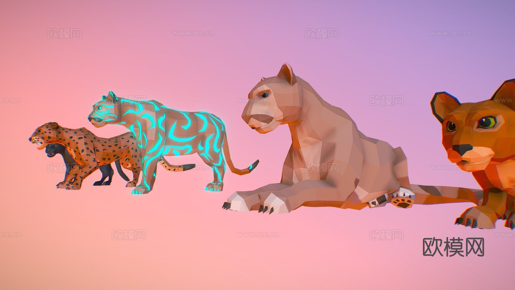 多边形艺术美洲狮与黑豹3d模型