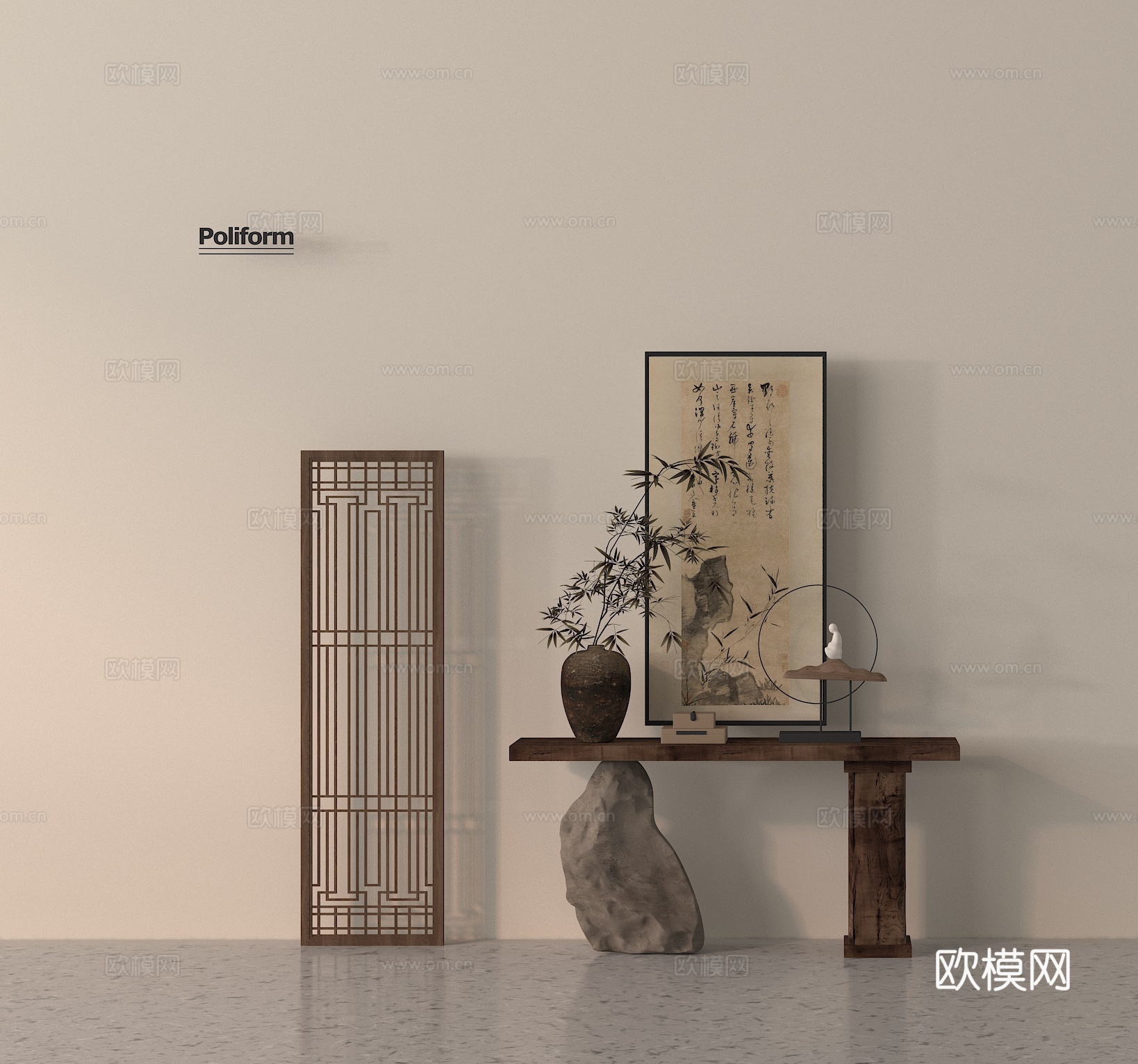 玄关景观台 端景台 端景条案 水墨画su模型
