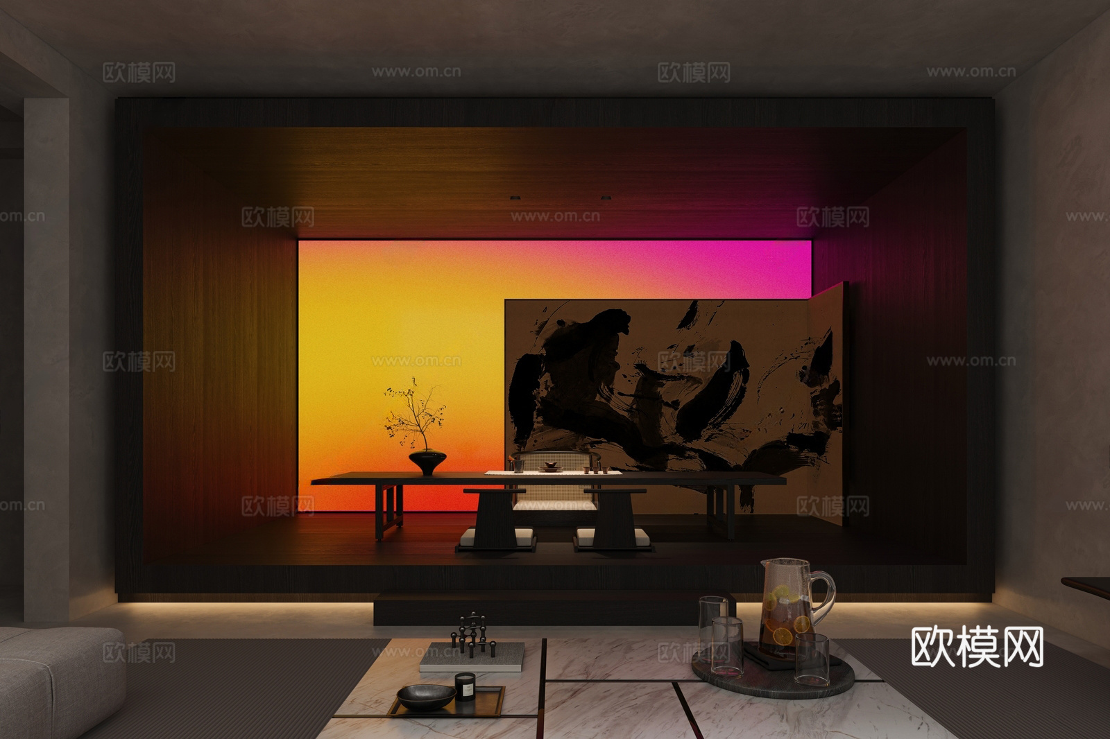 现代地下室会客厅 茶室 沙发茶几组合 挂画 落地灯 墙饰3d模型