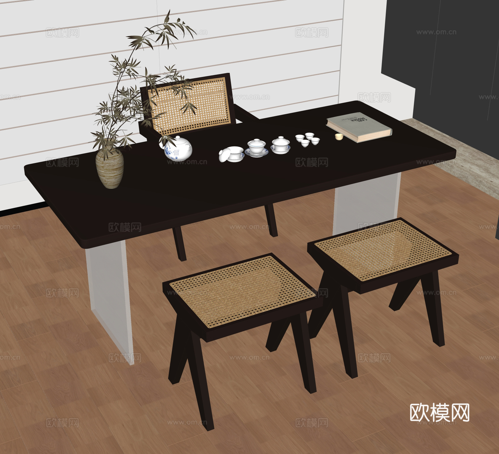 新中式茶桌椅su模型