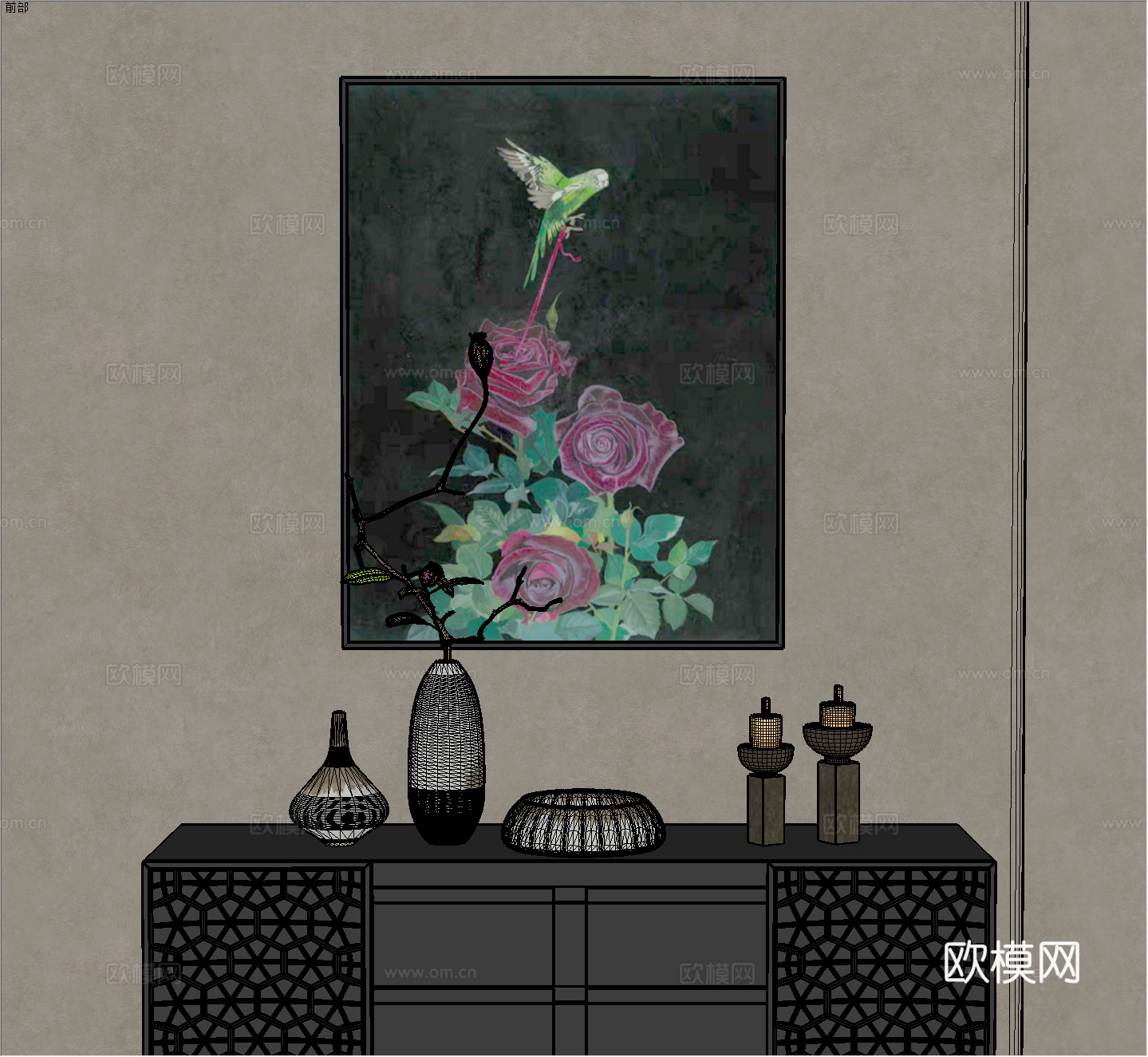 中古风玄关门厅画 复古法式装饰挂画 中古端景柜摆件组 新中式su模型