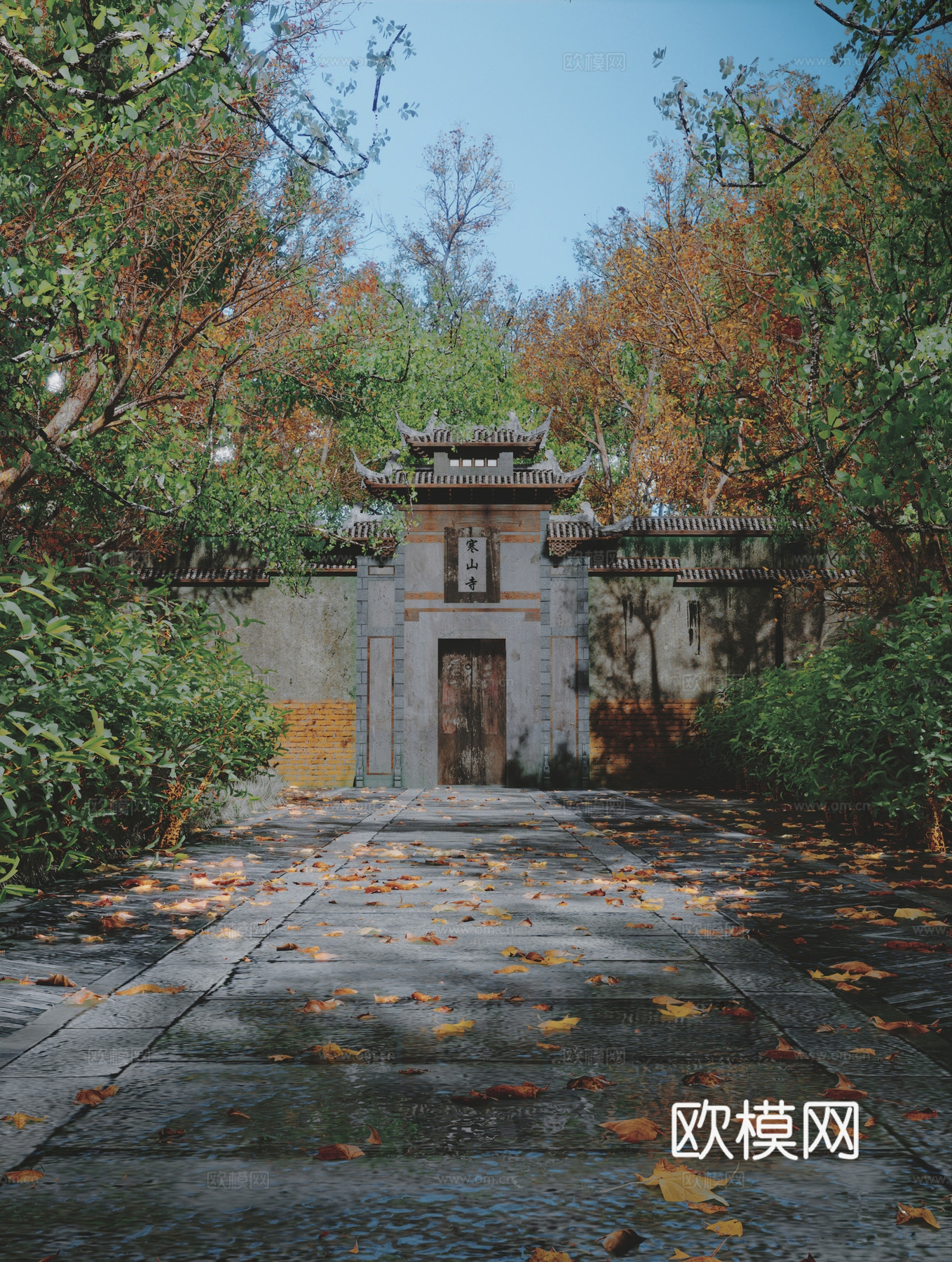中式门楼古建寒山寺 屋檐 树木 落叶3d模型