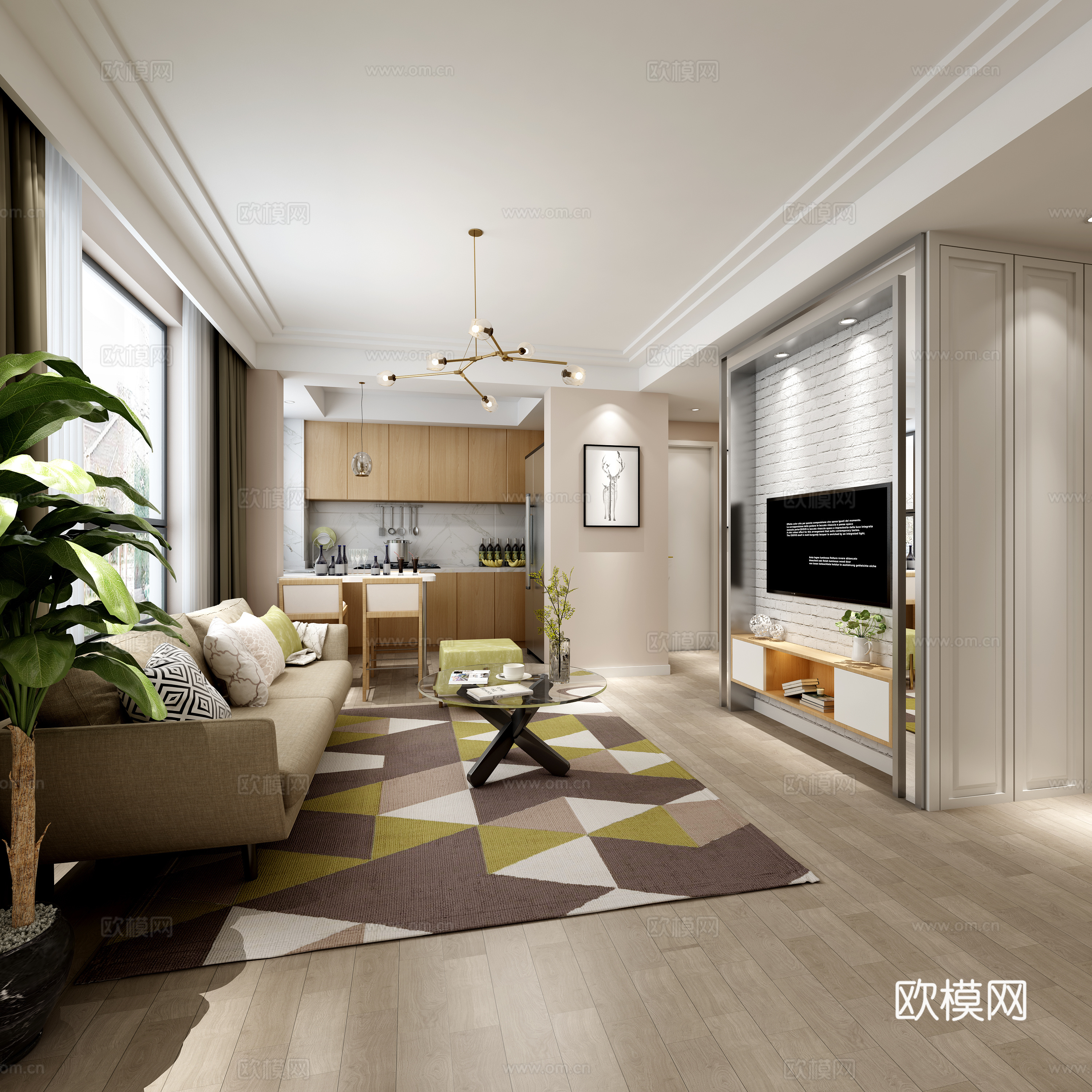 北欧客餐厅厨房中岛台3d模型