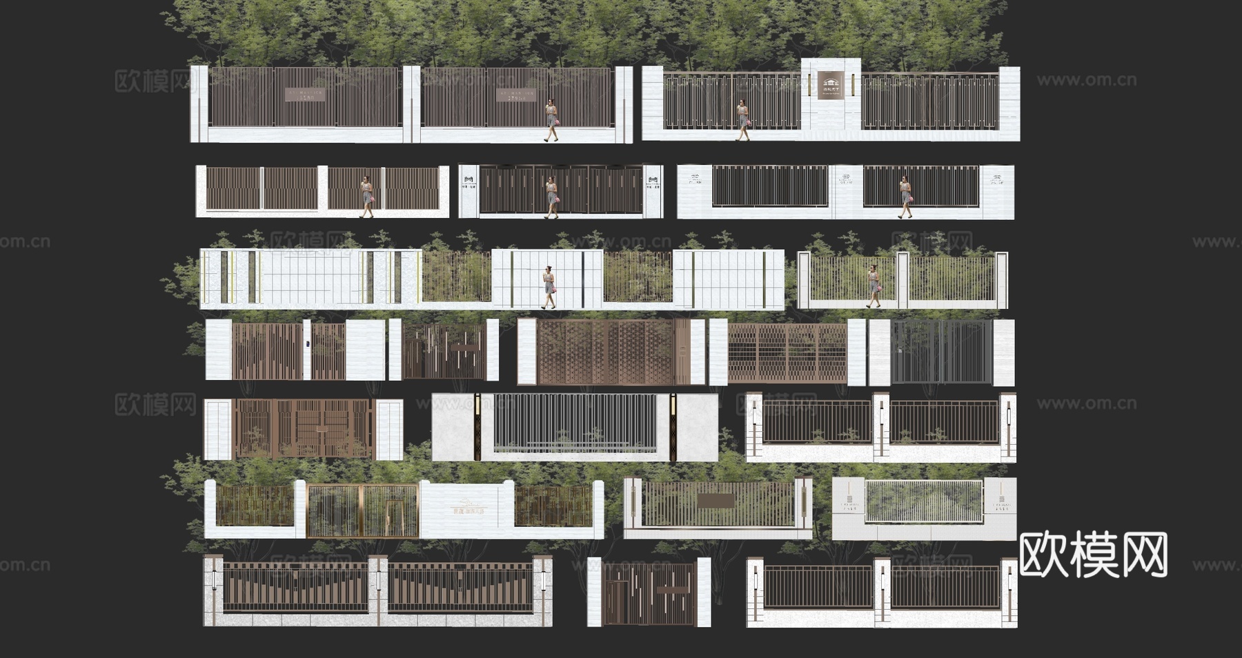 住宅小区围墙铁艺栏杆造型围墙小品栏杆围栏石材格栅墙su模型