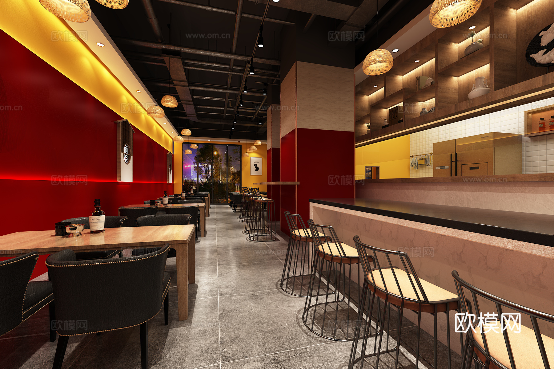 现代新中式西餐厅 酒吧清吧 餐厅饭店 休闲桌椅 多巴胺餐厅3d模型