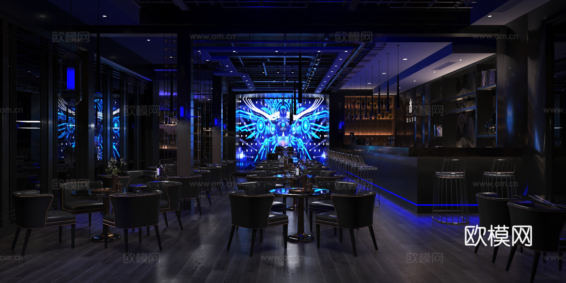 现代新中式西餐厅 酒吧清吧 餐饮饭店 休闲桌椅 夜景餐厅饭店3d模型