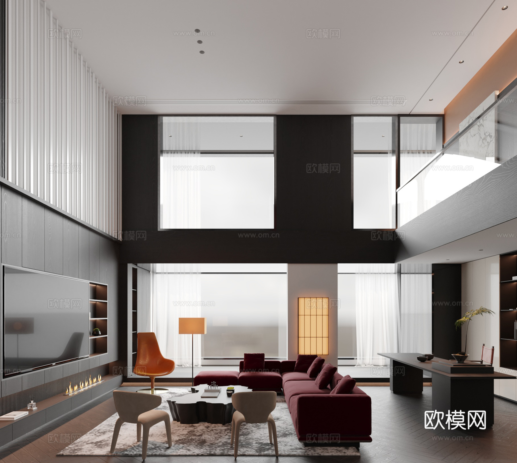 现代意式别墅客厅su模型