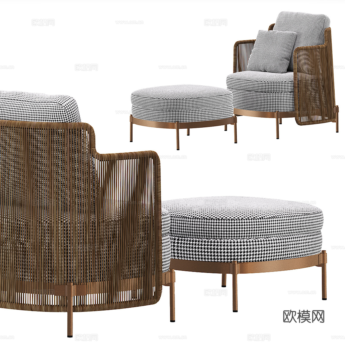 现代意式轻奢藤编布艺扶手椅3d模型