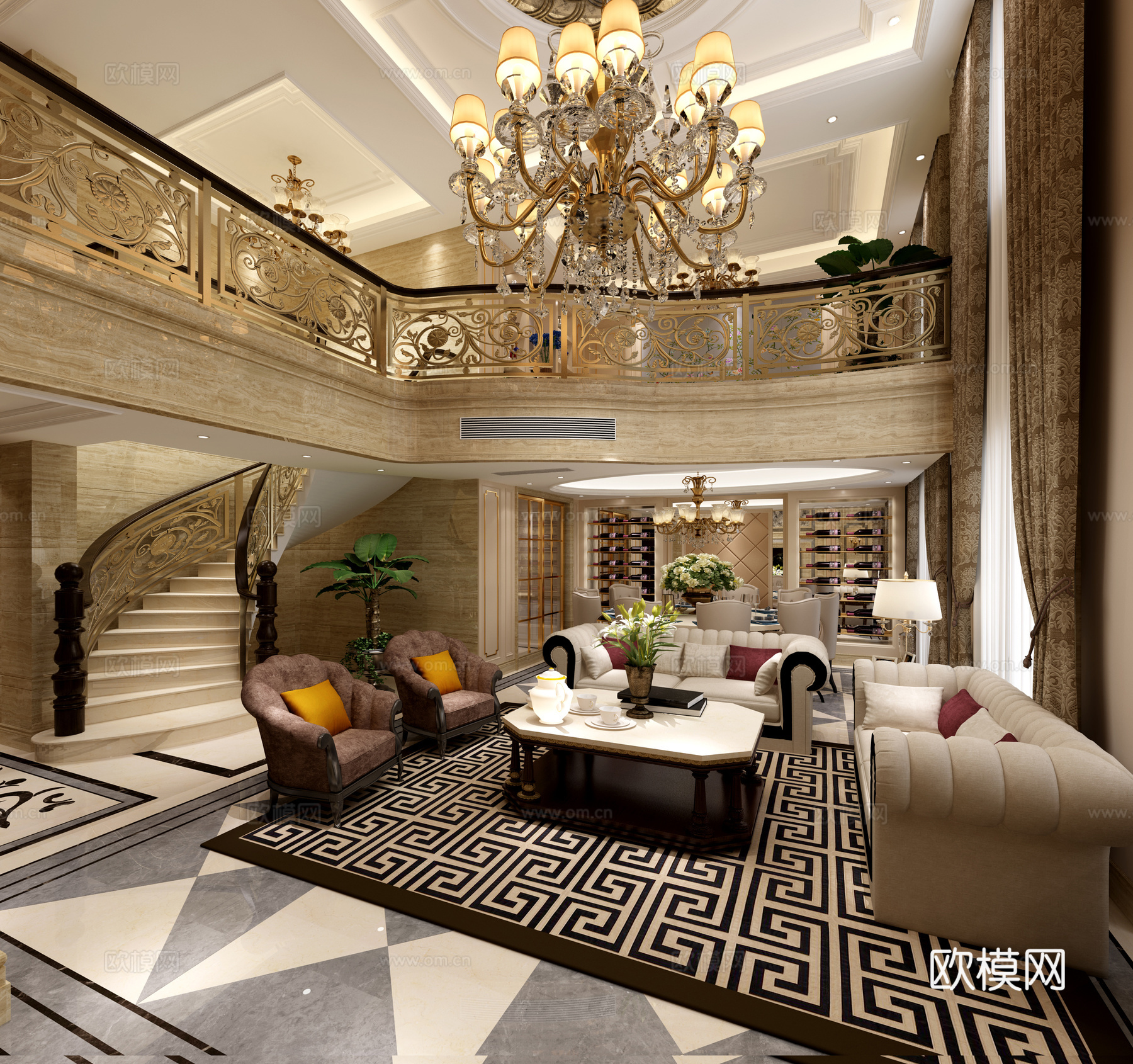 奢华欧式客餐厅 沙发茶几 吊灯 挂画 电视柜 摆件 餐桌椅3d模型