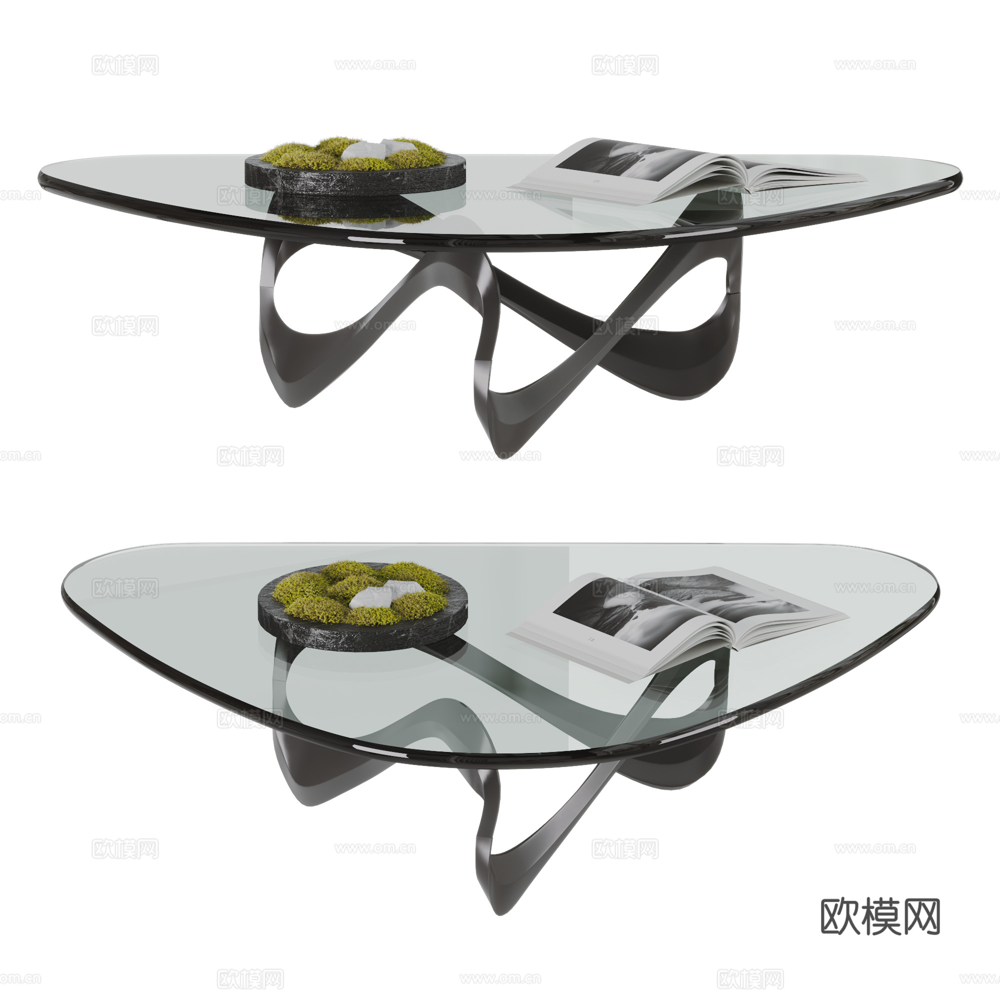 现代 法式 中古风 茶几 玻璃茶几 茶几摆件 苔藓 书籍su模型