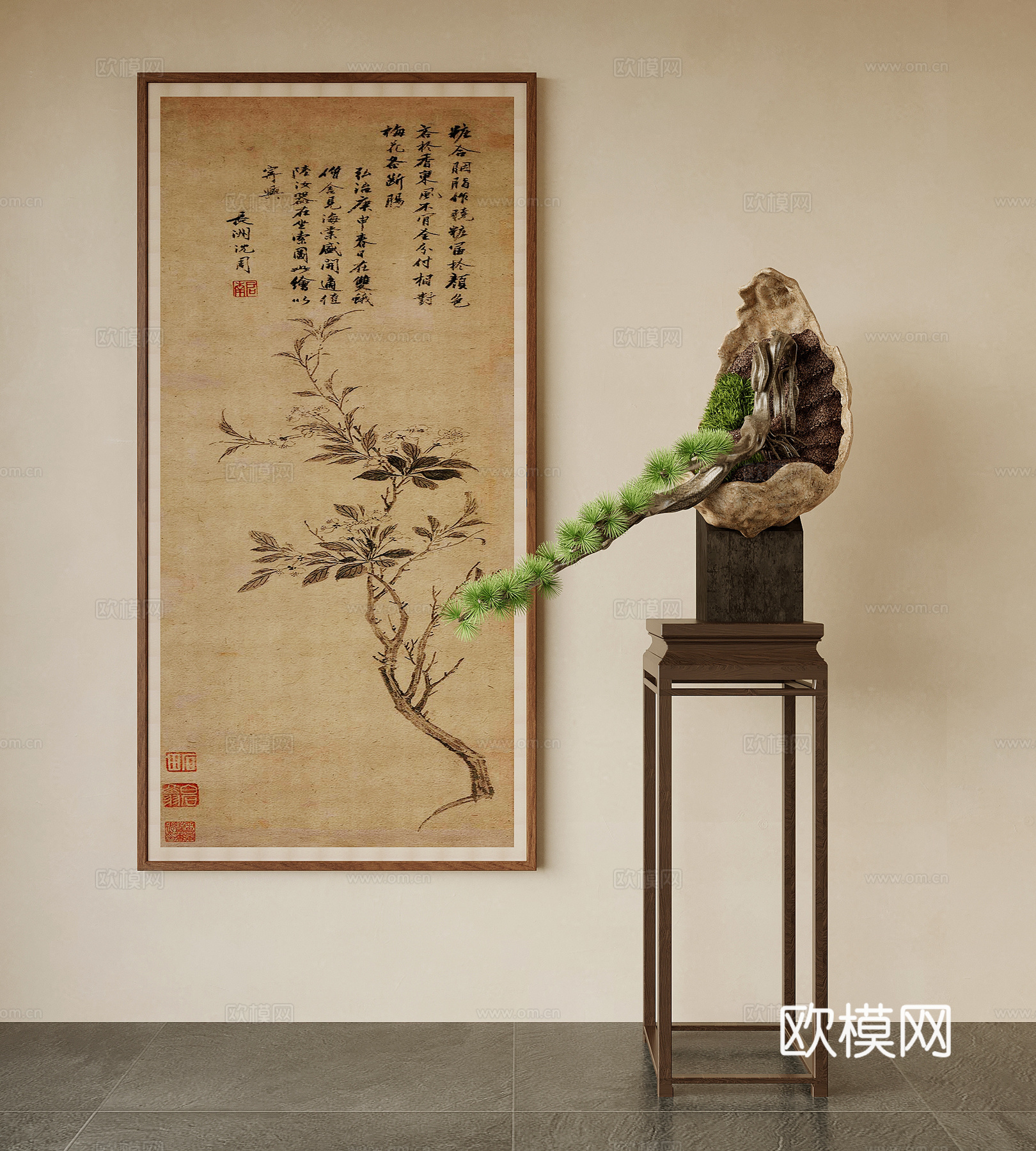 花架 新中式花架 盆栽盆景 装饰画su模型