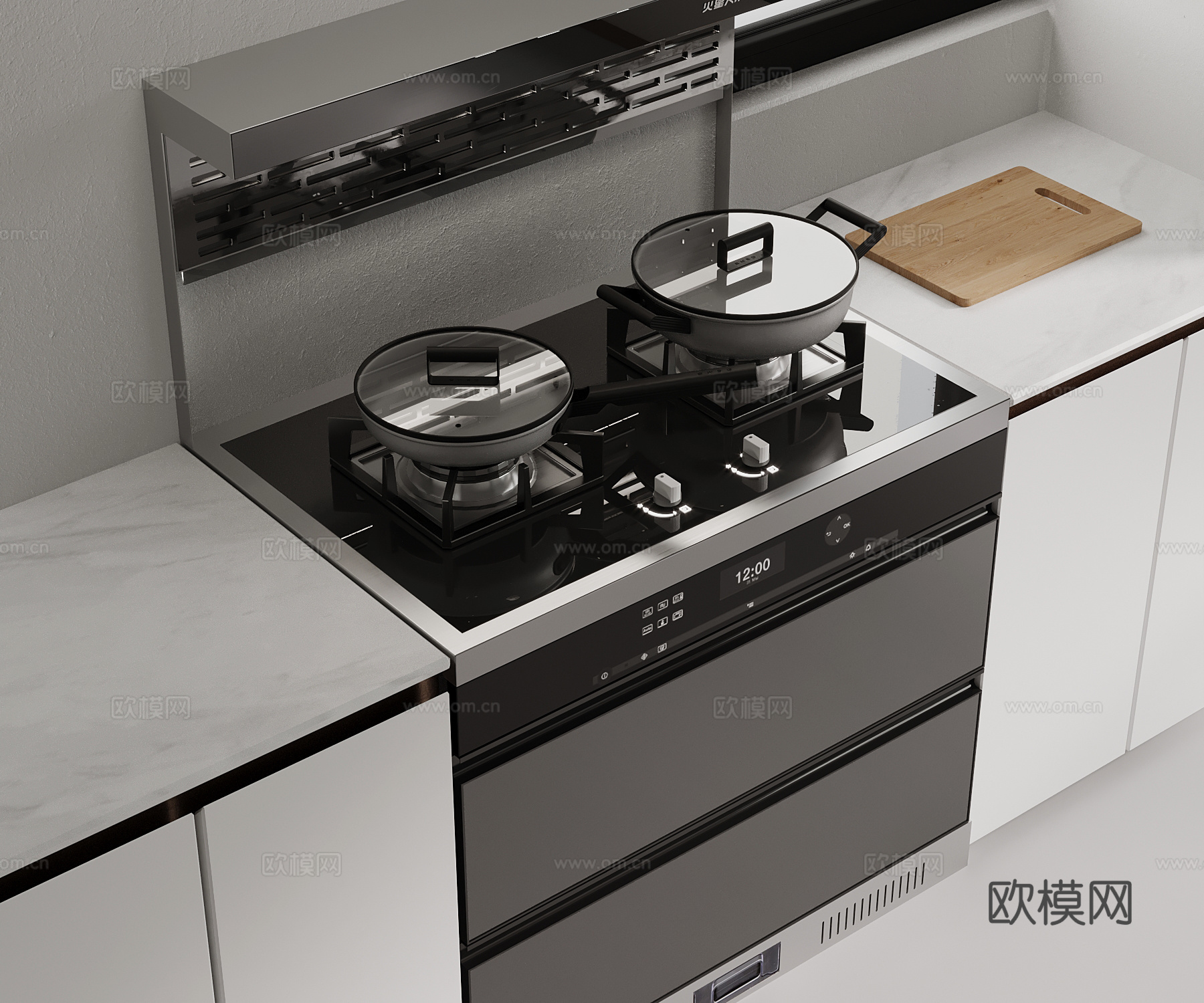 现代集成灶 烟机灶具 平底锅su模型