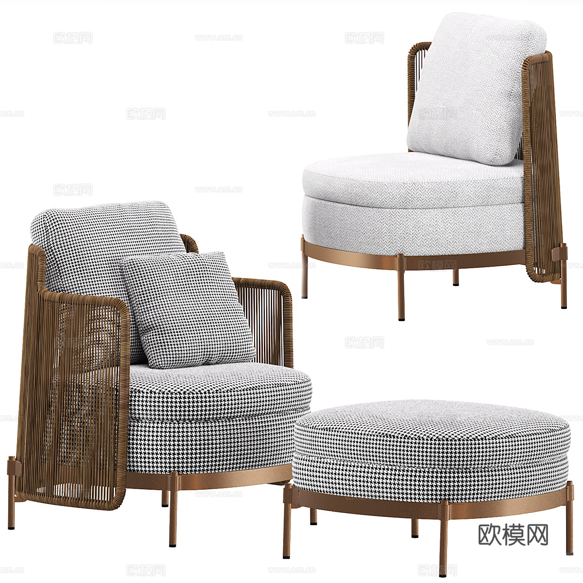现代意式轻奢藤编布艺扶手椅3d模型