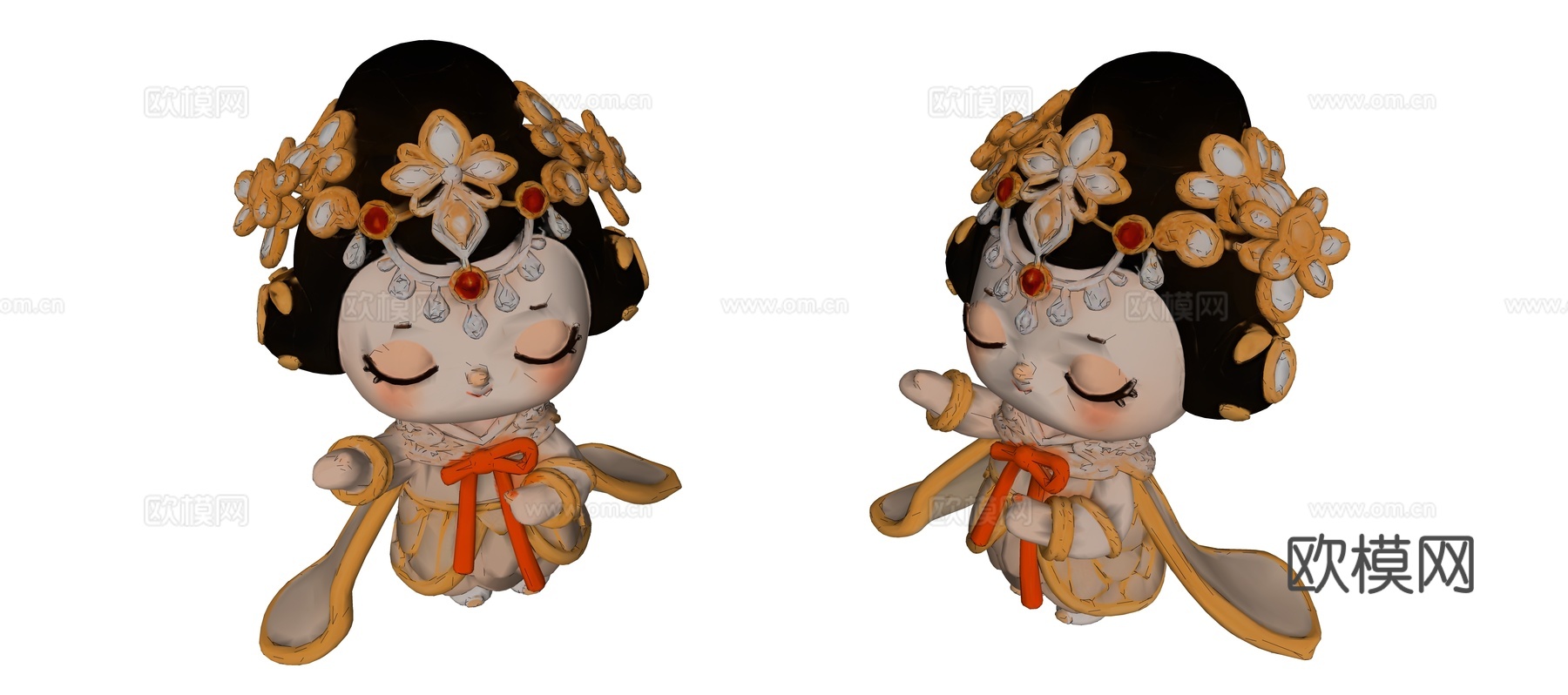 金色古装发饰的侍女雕塑su模型